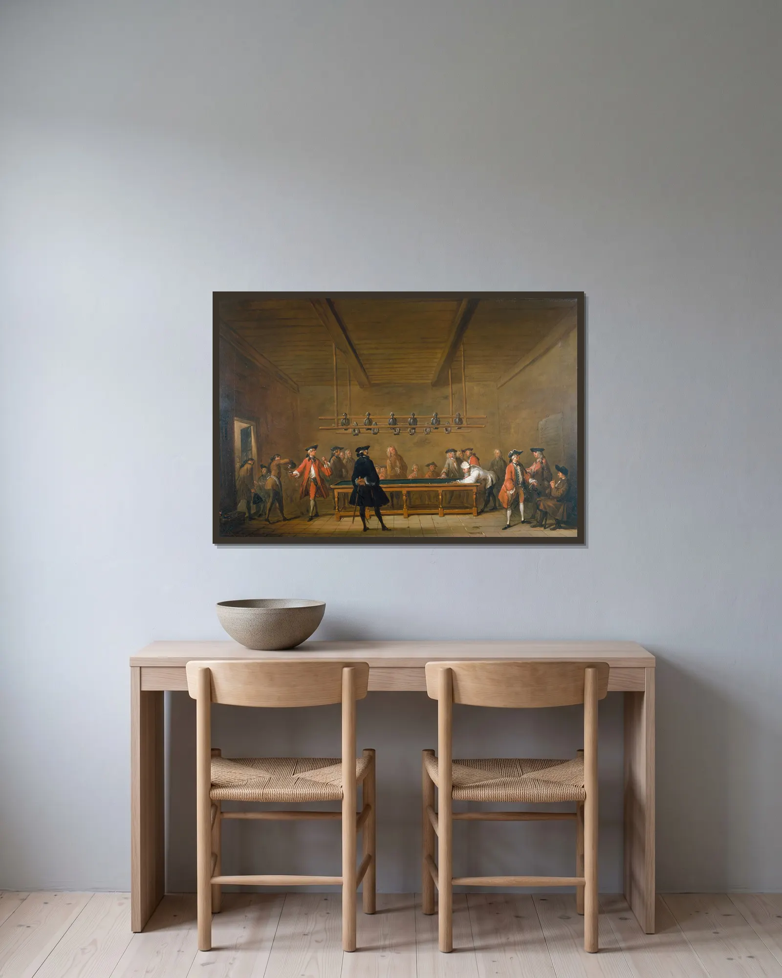 La Partie de billard av Jean Siméon Chardin inramad på en vägg
