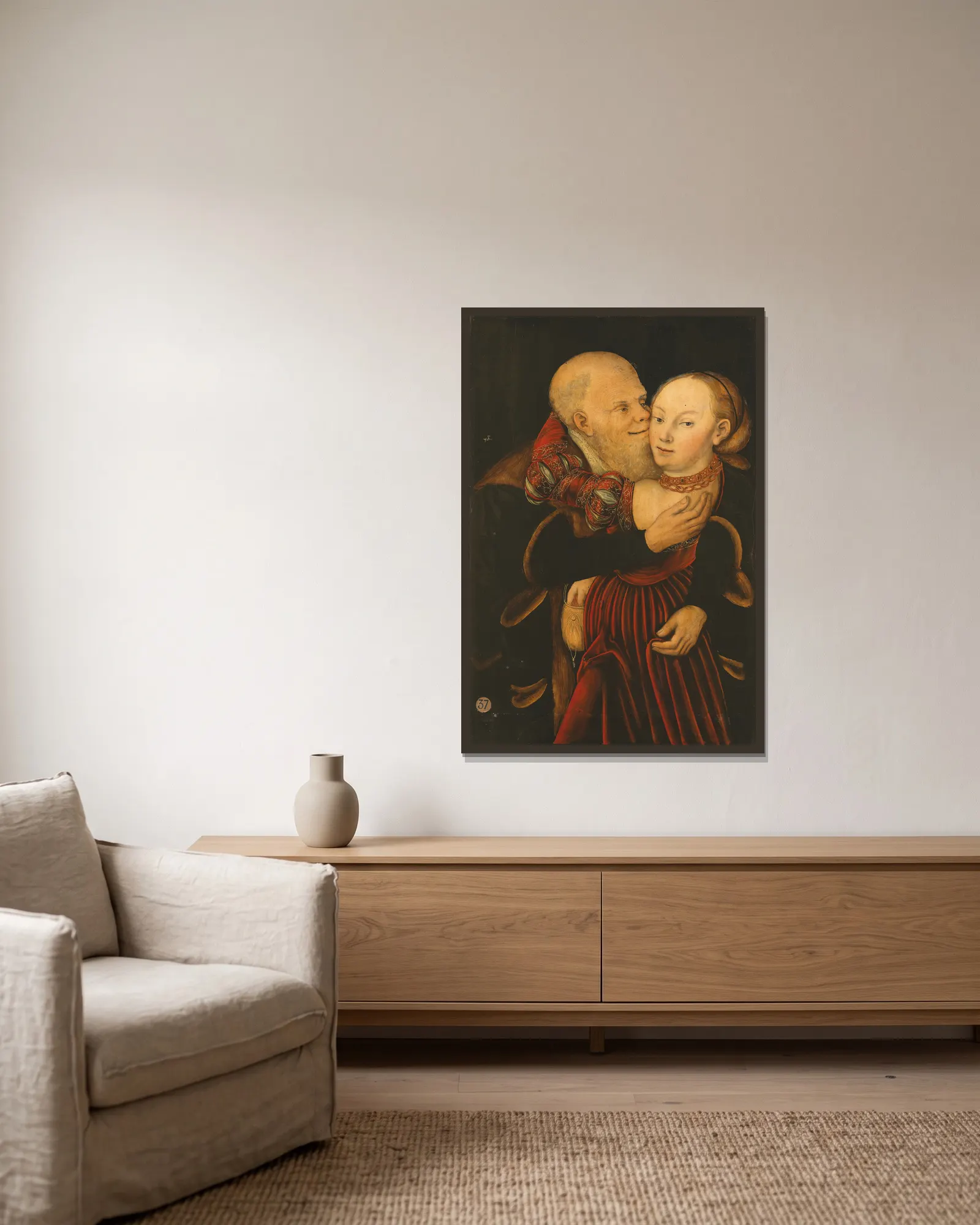 Ill-Matched Lovers av Lucas Cranach the Younger inramad på en vägg