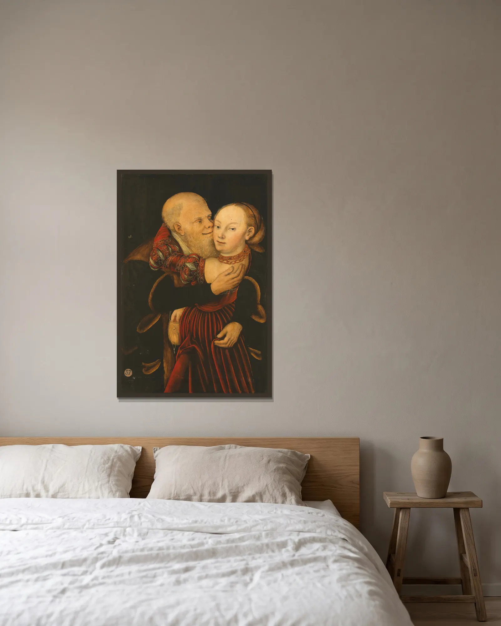 Ill-Matched Lovers av Lucas Cranach the Younger inramad på en vägg
