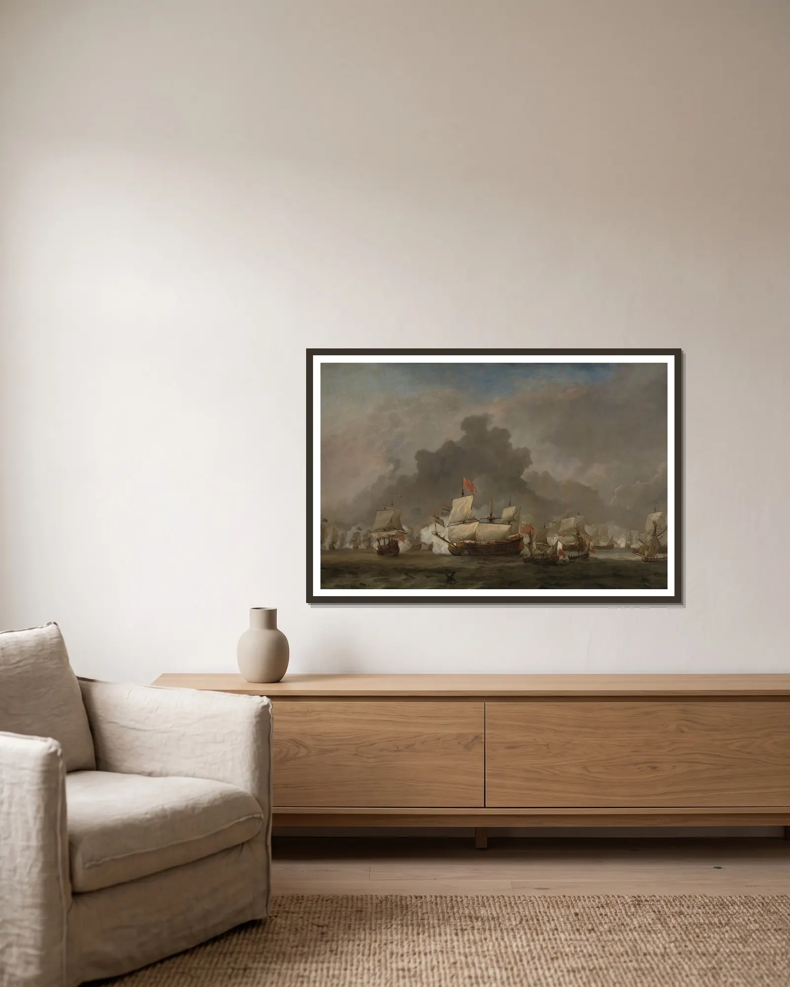 Naval Battle av Willem van de Velde the Younger inramad på en vägg