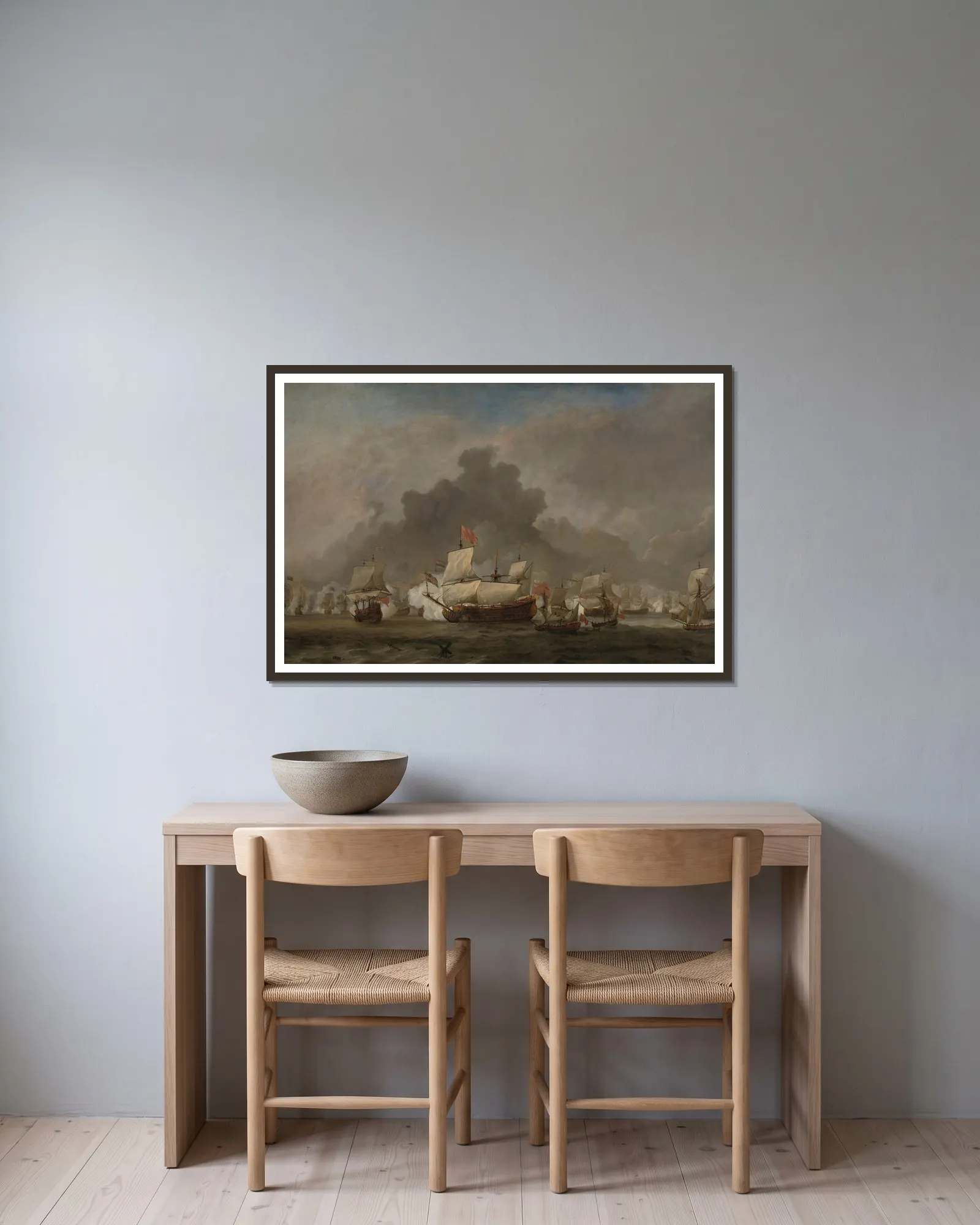 Naval Battle av Willem van de Velde the Younger inramad på en vägg