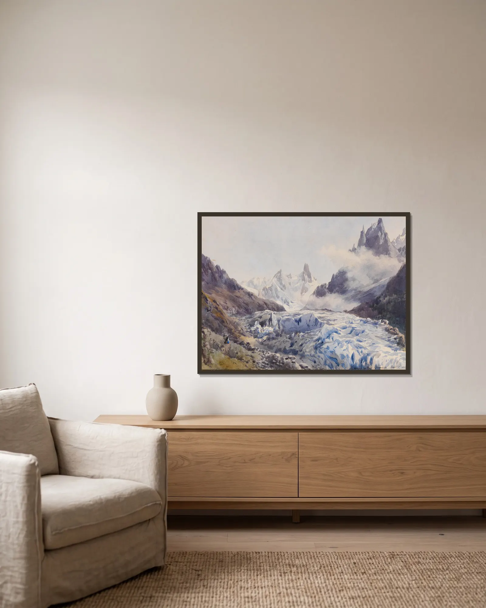 Glacier des Bois, Chamonix av Edward Theodore Compton inramad på en vägg