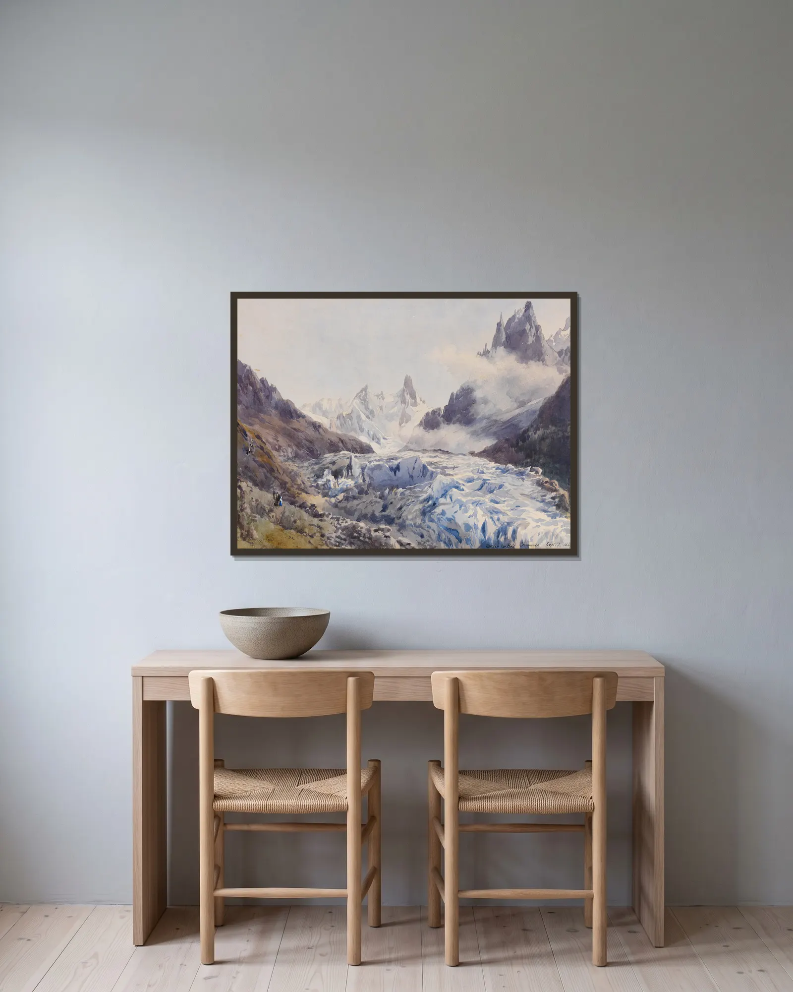 Glacier des Bois, Chamonix av Edward Theodore Compton inramad på en vägg