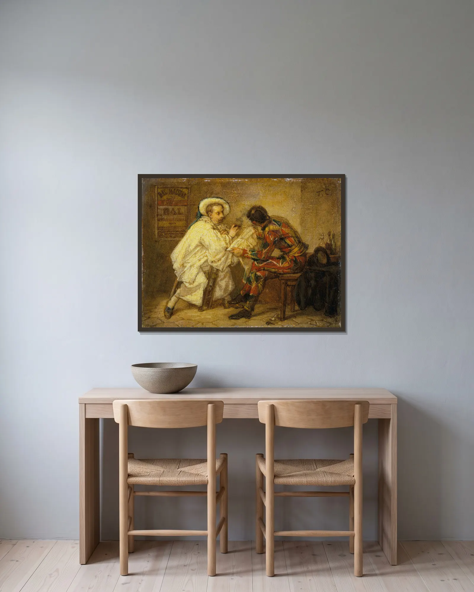 Harlequin and Pierrot av Thomas Couture inramad på en vägg