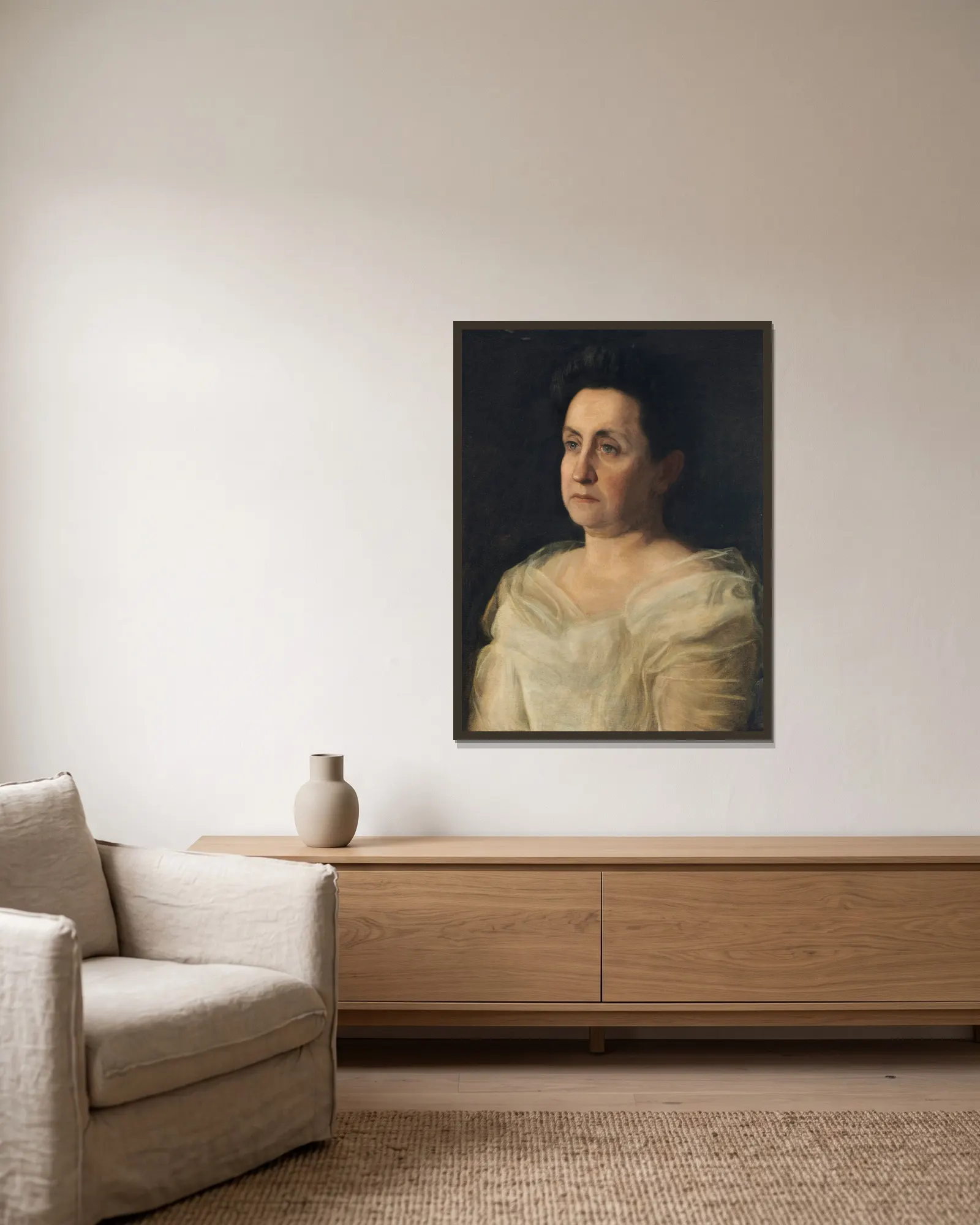 Portrait of Mrs. Matilda Searight av Thomas Eakins inramad på en vägg