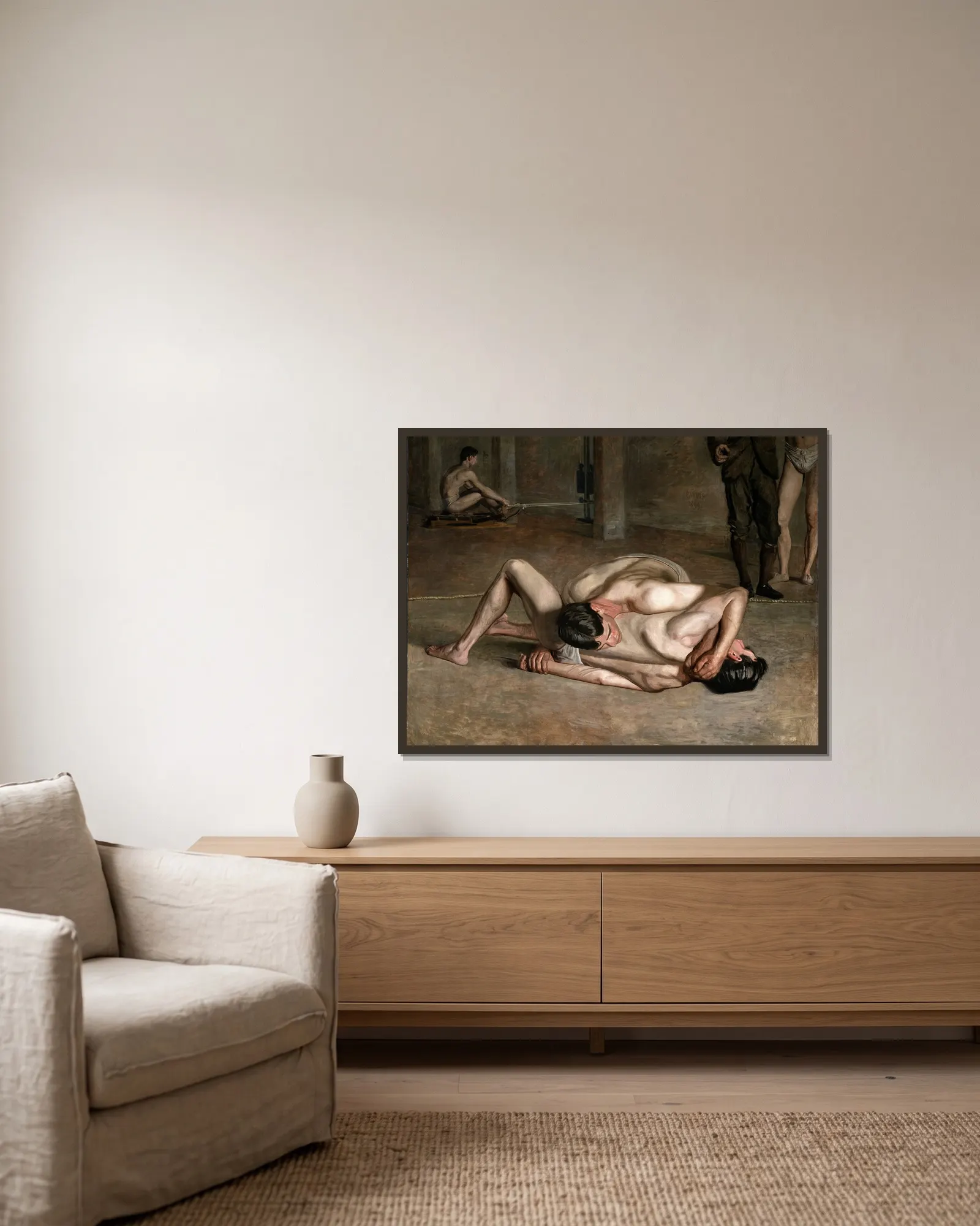 Wrestlers av Thomas Eakins inramad på en vägg