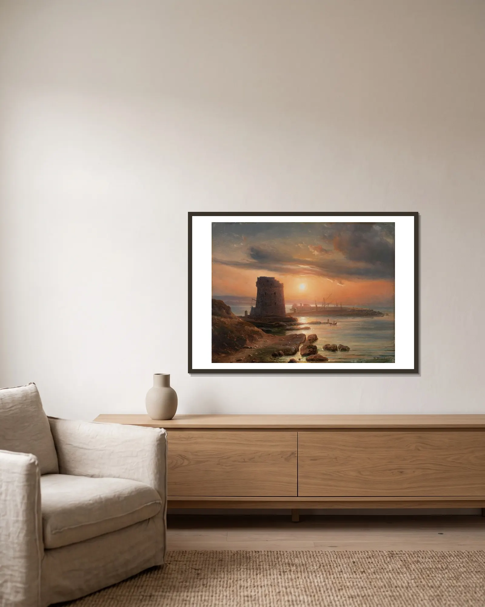 The Harbour in Agrigento av Thomas Fearnley inramad på en vägg