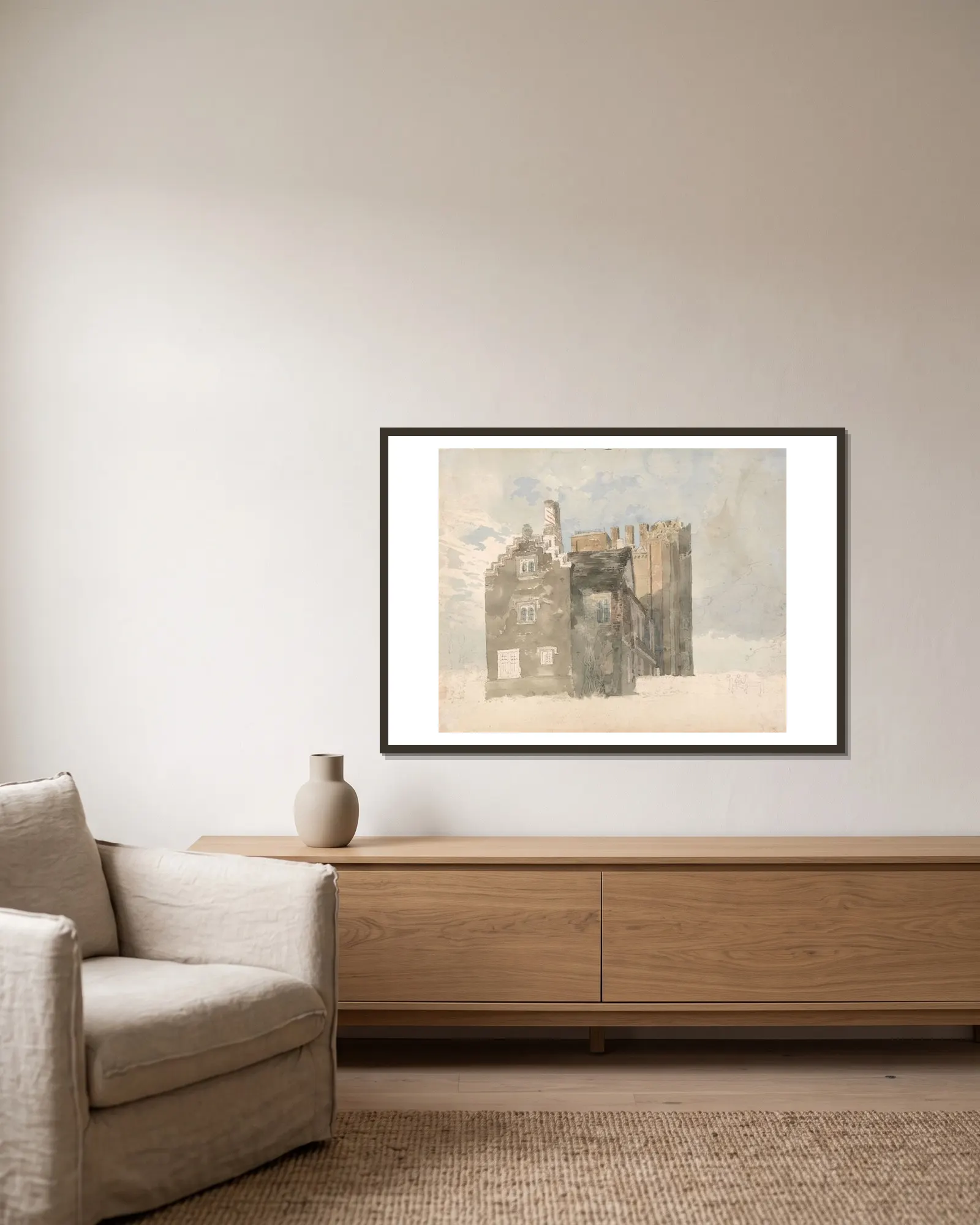 Layer Marney Hall, Essex av Thomas Girtin inramad på en vägg