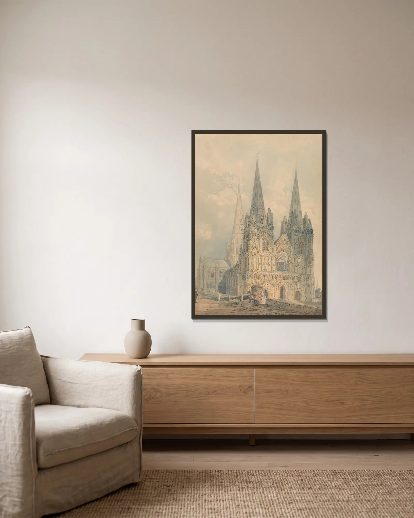 Lichfield Cathedral, Staffordshire av Thomas Girtin inramad på en vägg