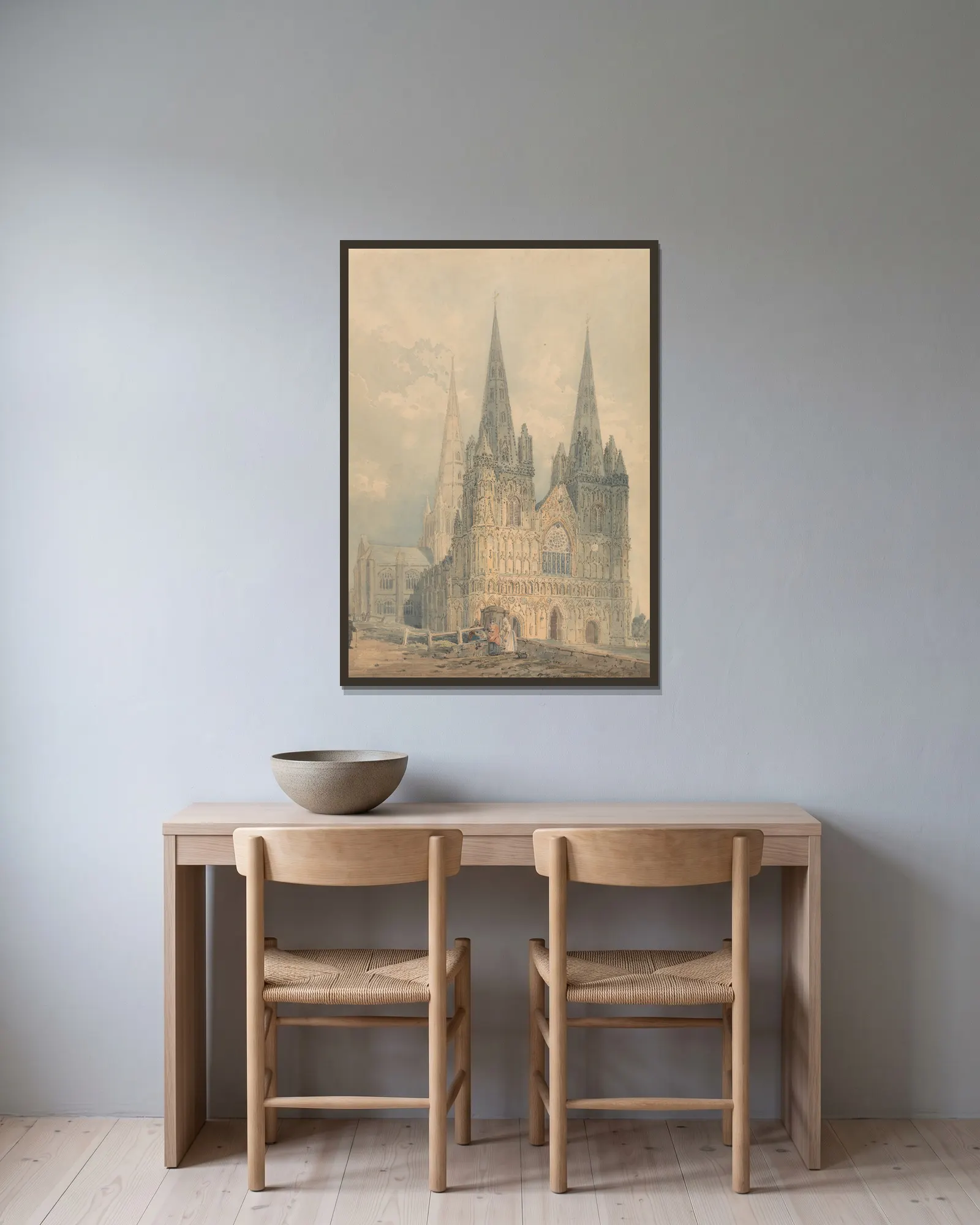 Lichfield Cathedral, Staffordshire av Thomas Girtin inramad på en vägg
