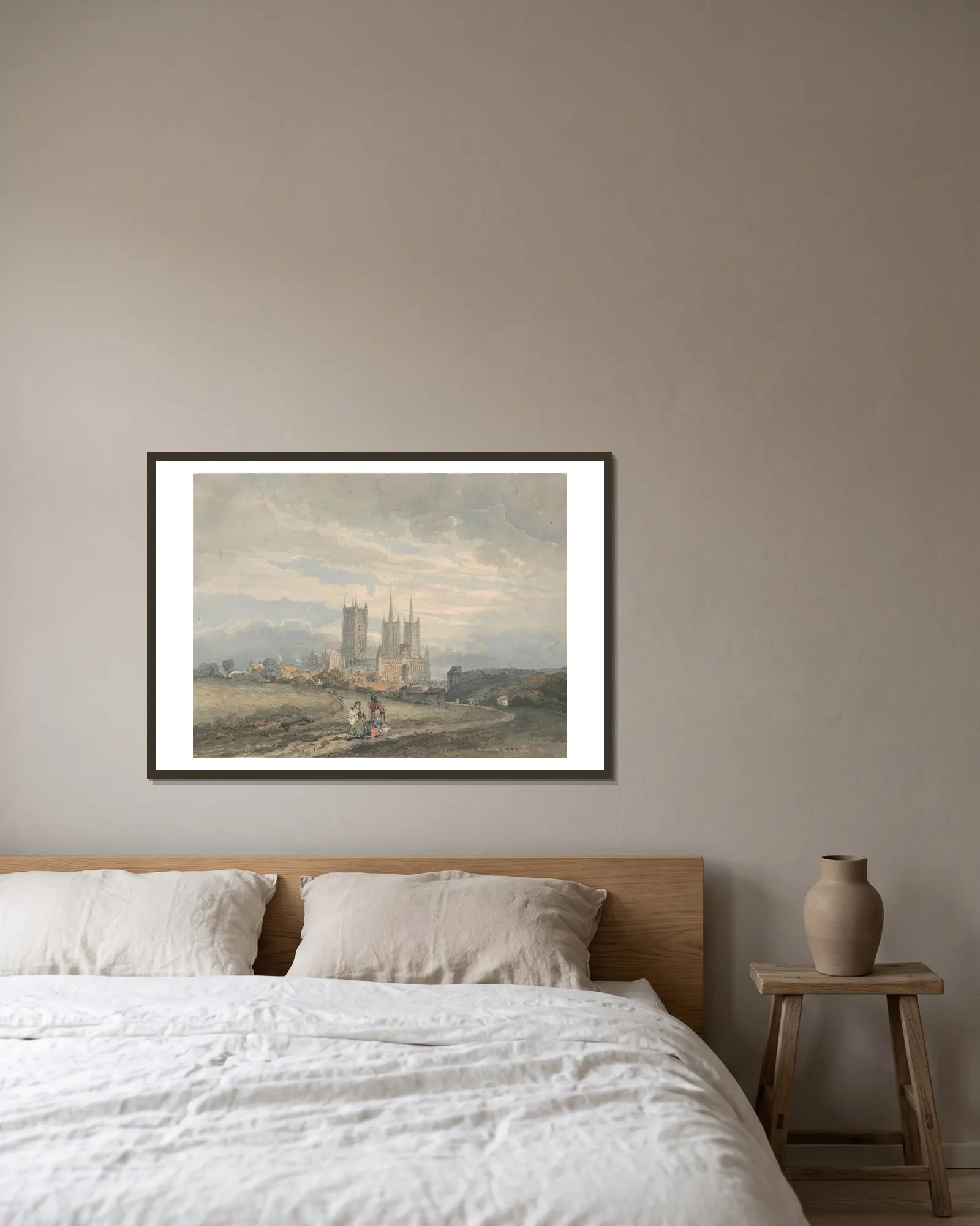 Lincoln Cathedral av Thomas Girtin inramad på en vägg