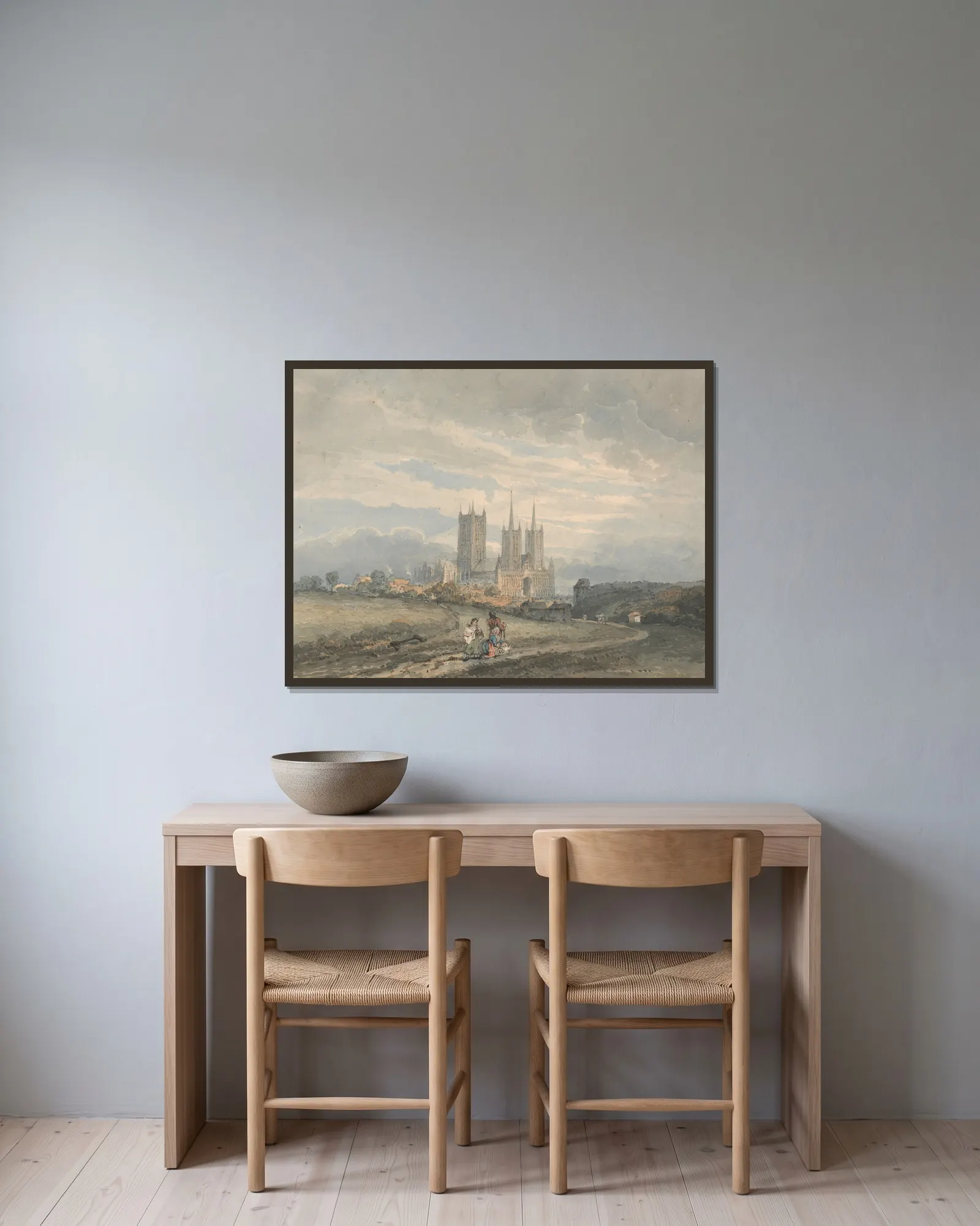 Lincoln Cathedral av Thomas Girtin inramad på en vägg