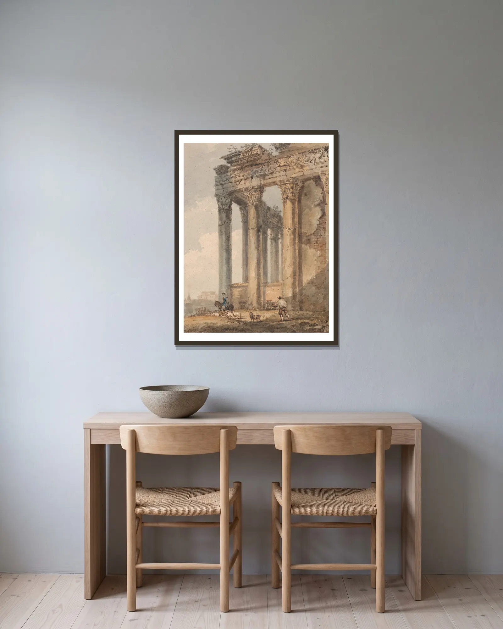 Tempio d’ Antonio e Faustina av Thomas Girtin inramad på en vägg