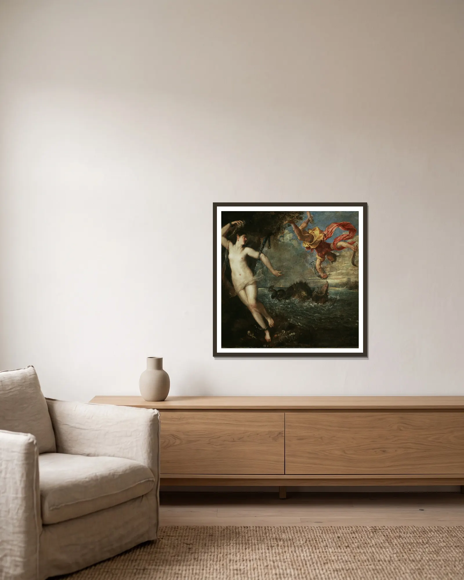 Perseus and Andromeda av Titian inramad på en vägg
