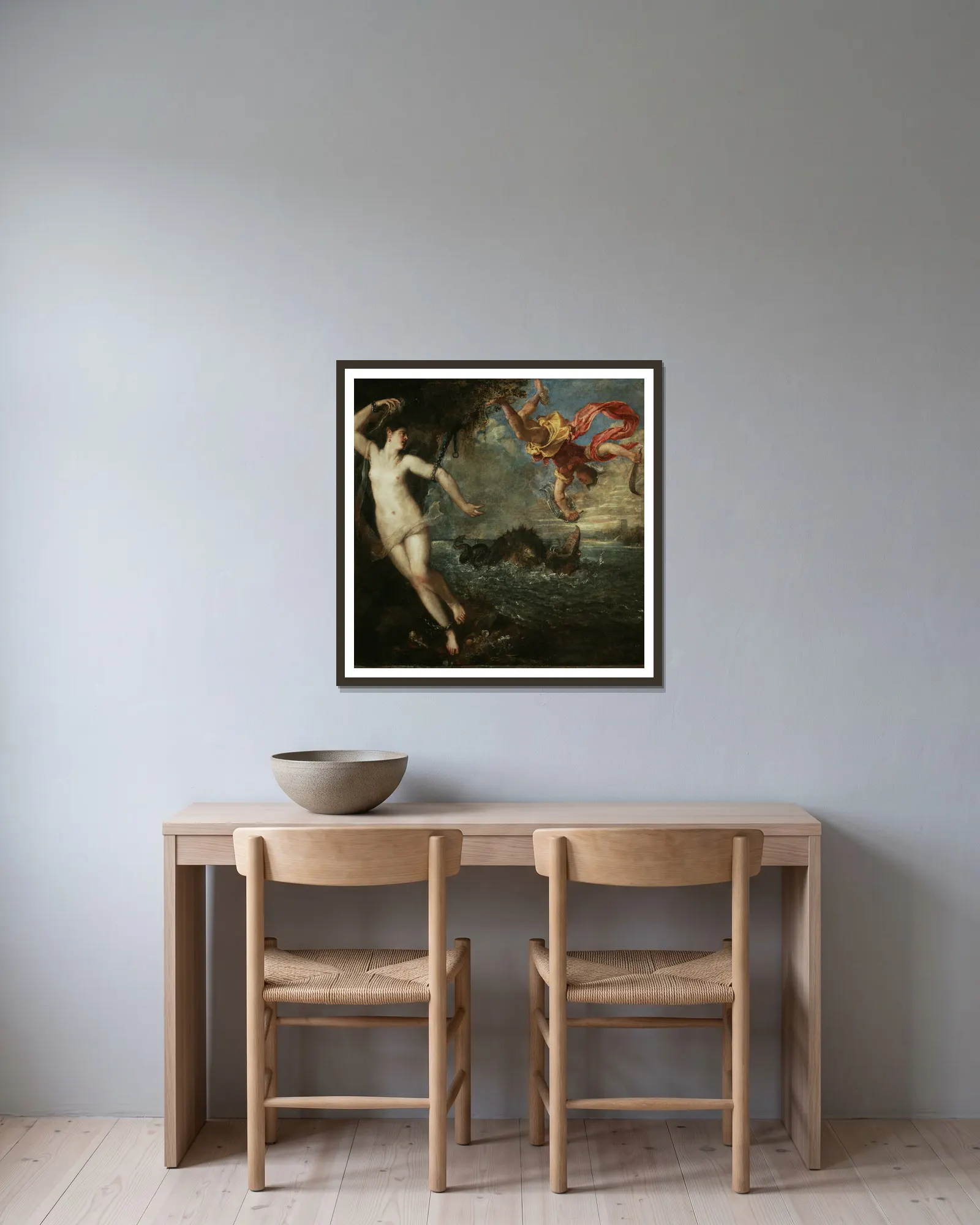 Perseus and Andromeda av Titian inramad på en vägg