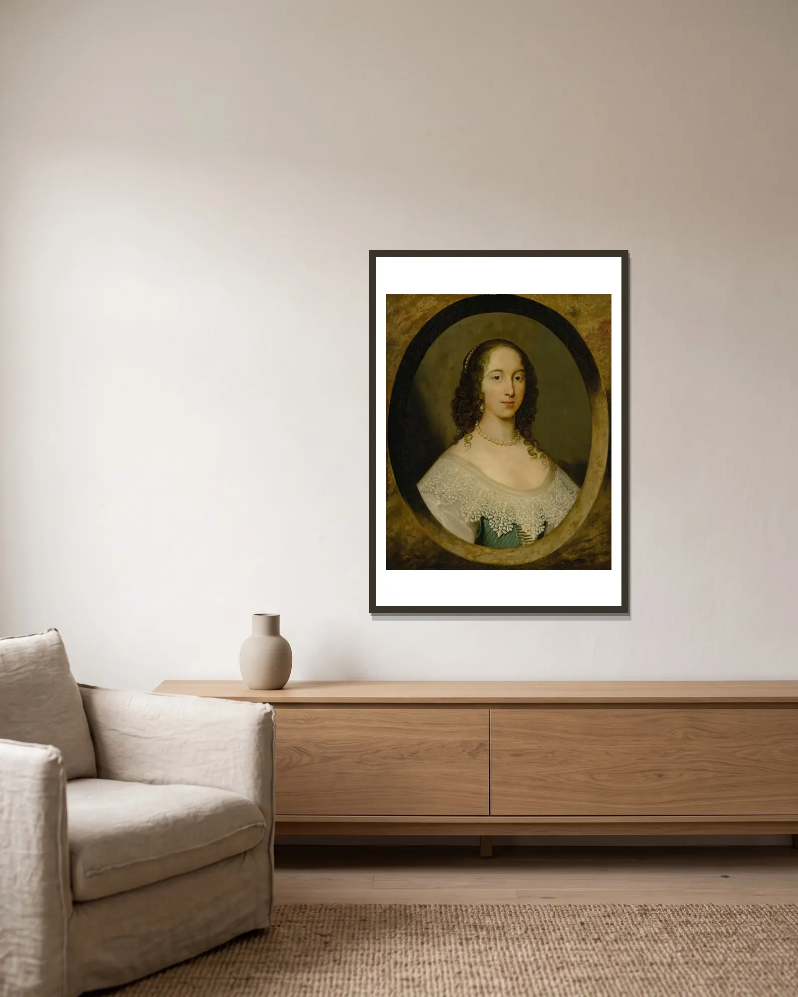 Portrait of a lady av Cornelis Jonson van Ceulen inramad på en vägg