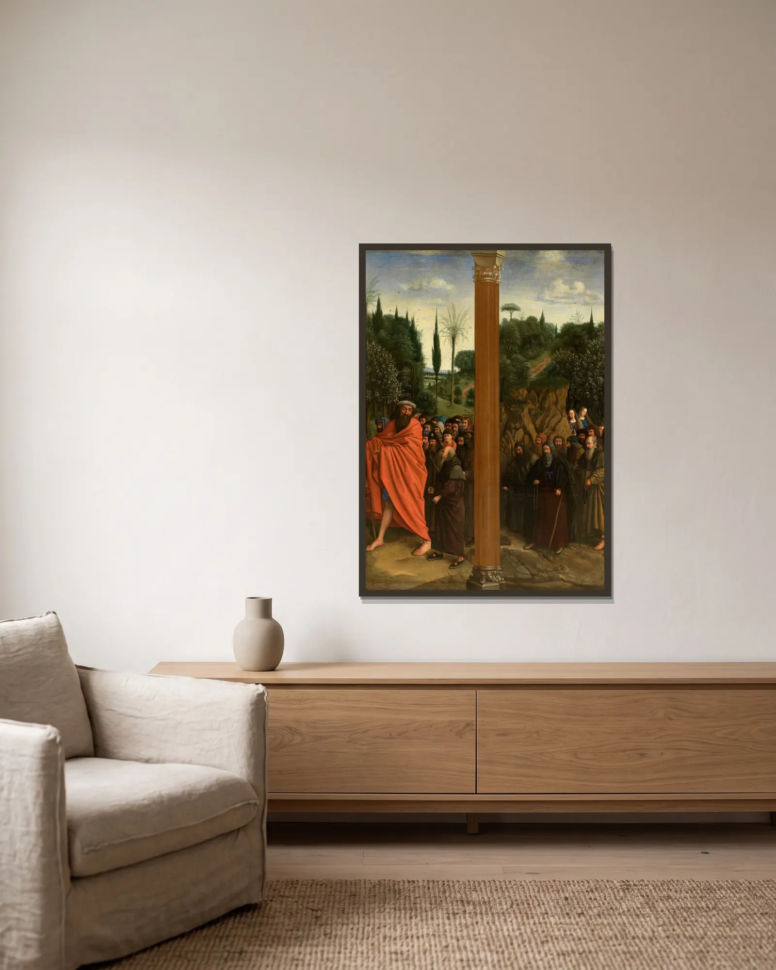 Holy Hermits and Holy Pilgrims av Jan van Eyck inramad på en vägg