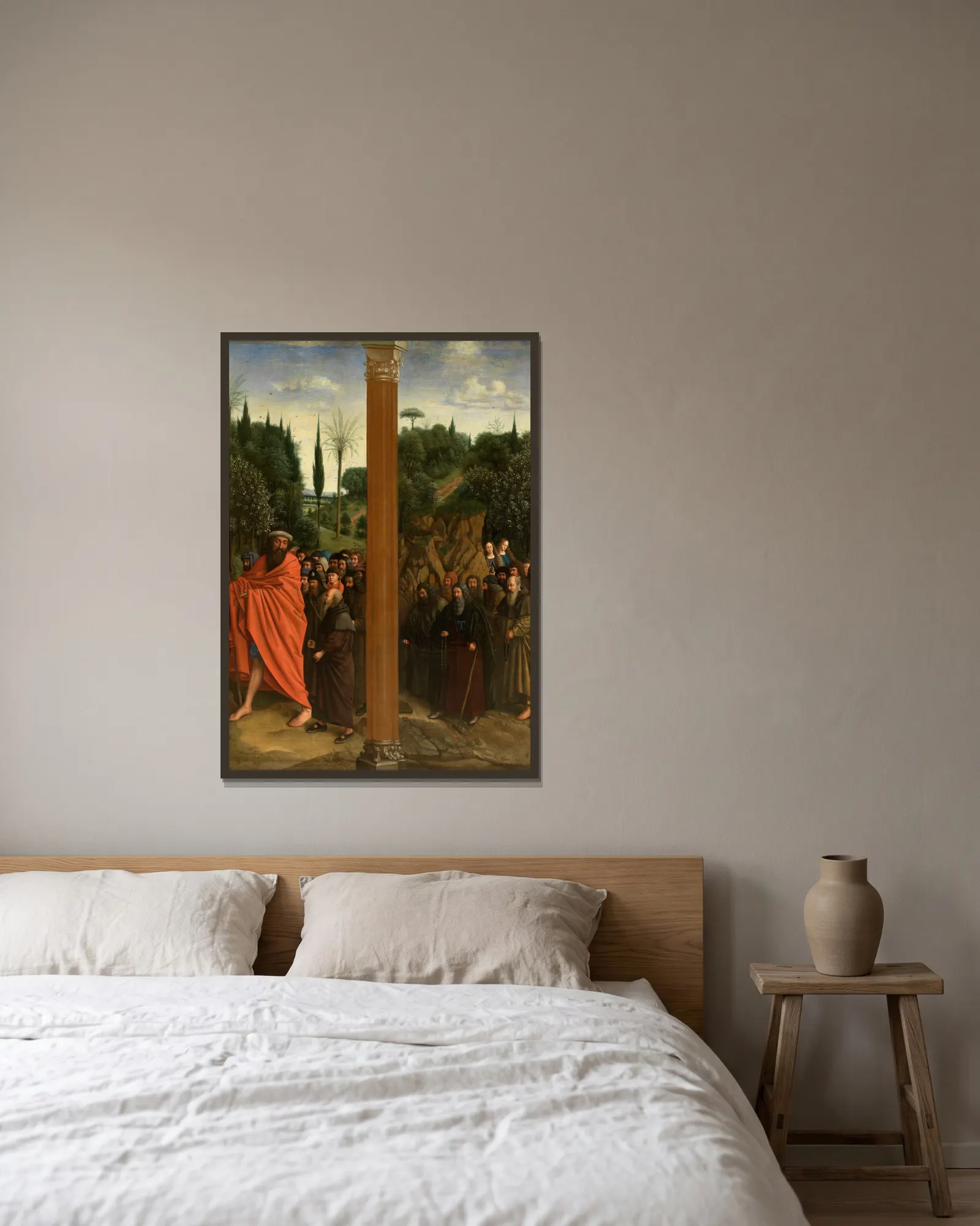 Holy Hermits and Holy Pilgrims av Jan van Eyck inramad på en vägg