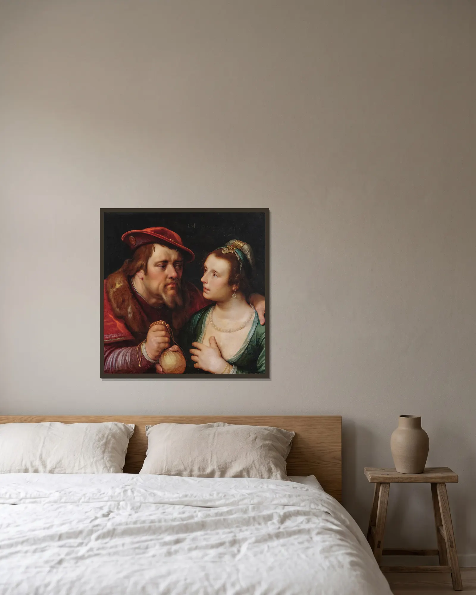 The Unequal Lovers av Cornelis Cornelisz Van Haarlem inramad på en vägg