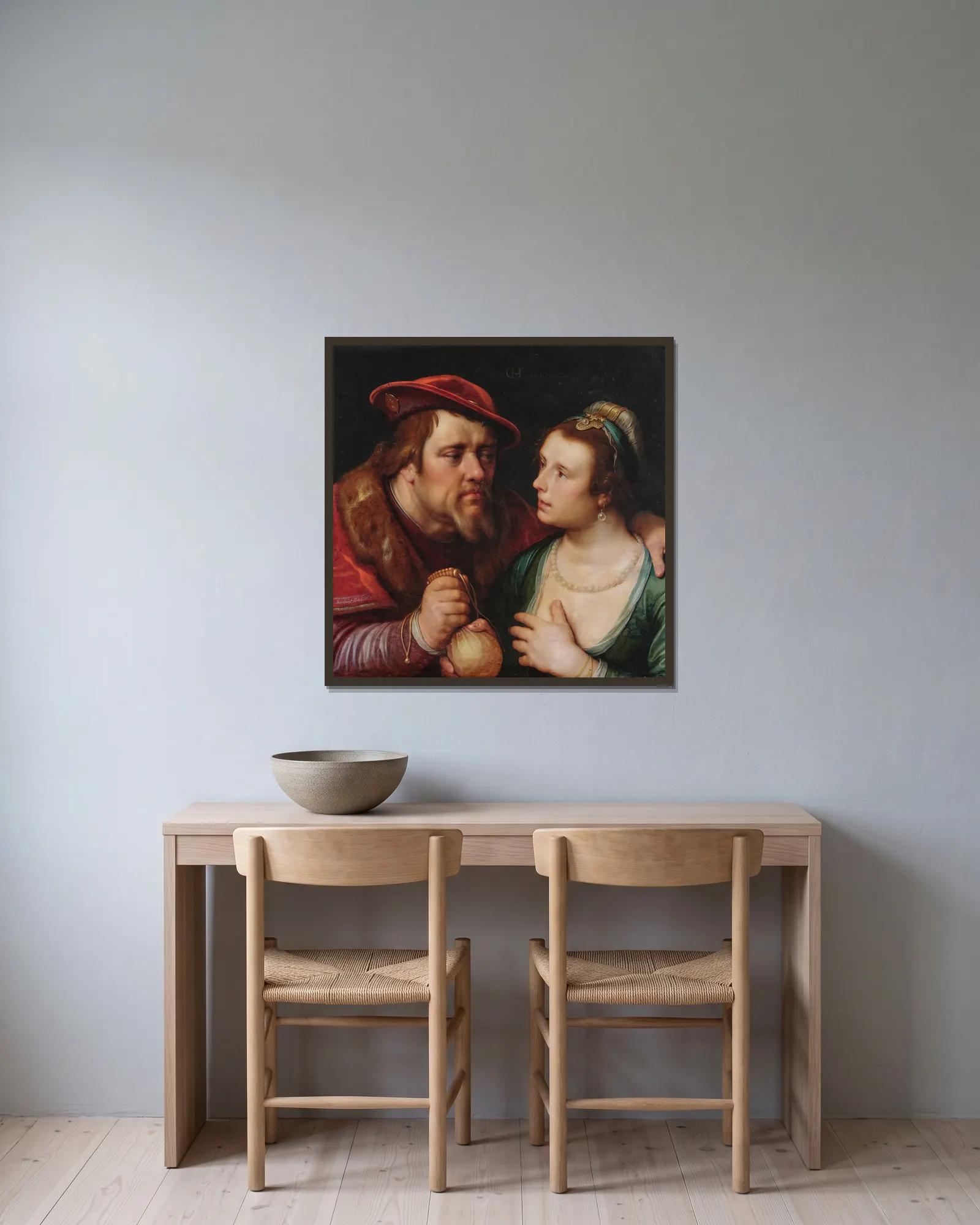 The Unequal Lovers av Cornelis Cornelisz Van Haarlem inramad på en vägg
