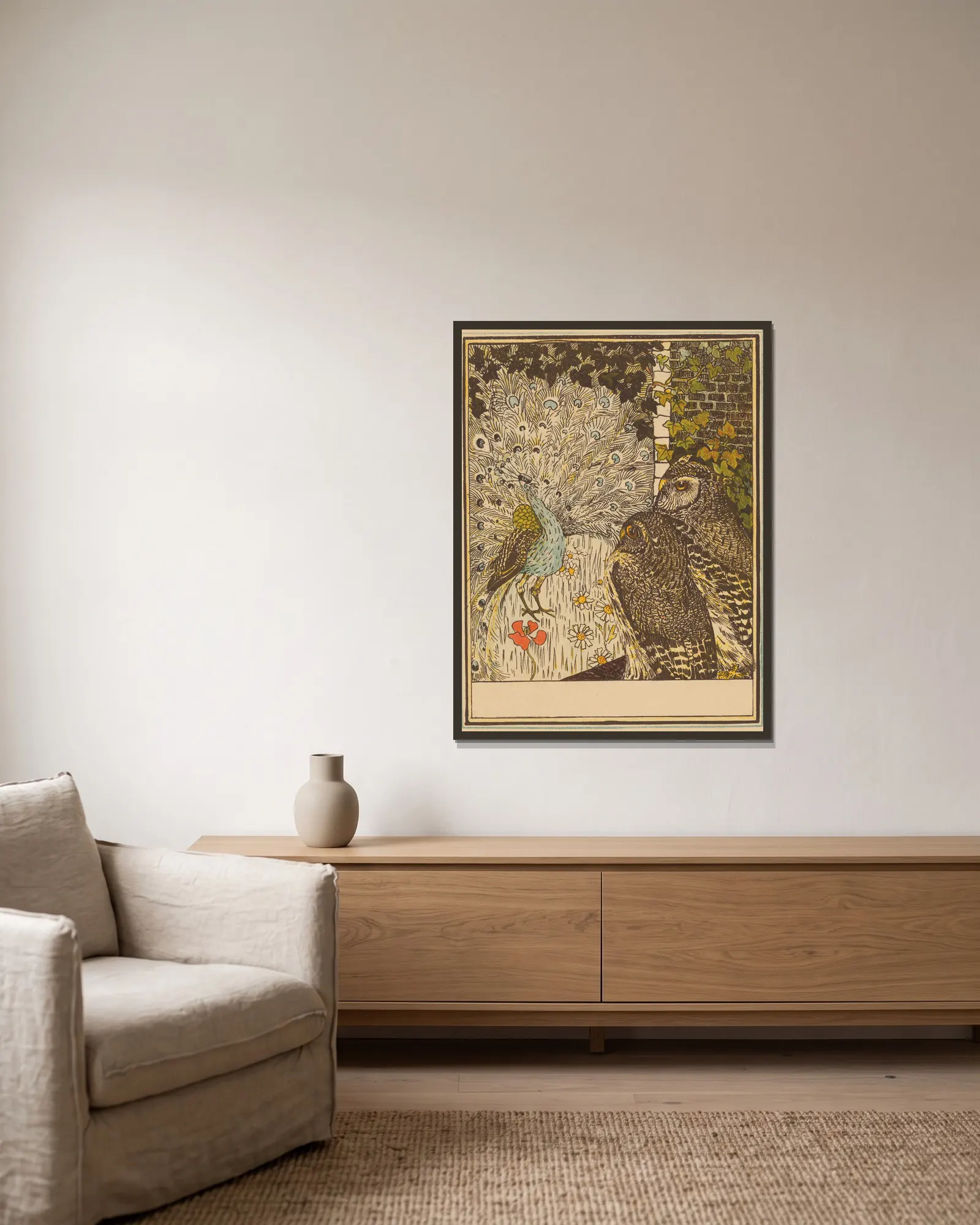Peacock And Two Owls av Theo van Hoytema inramad på en vägg