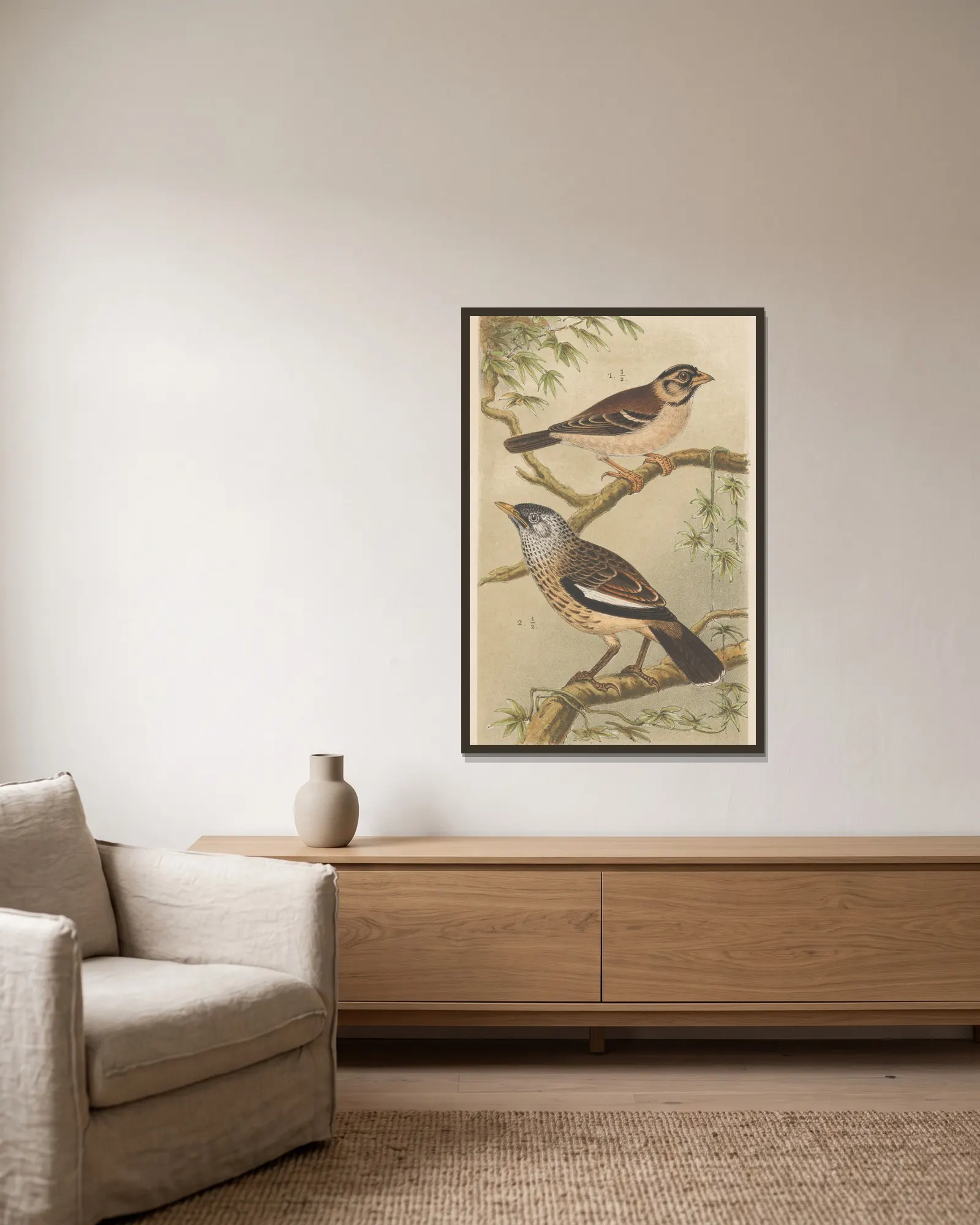 Two Birds On Branches av Theo van Hoytema inramad på en vägg