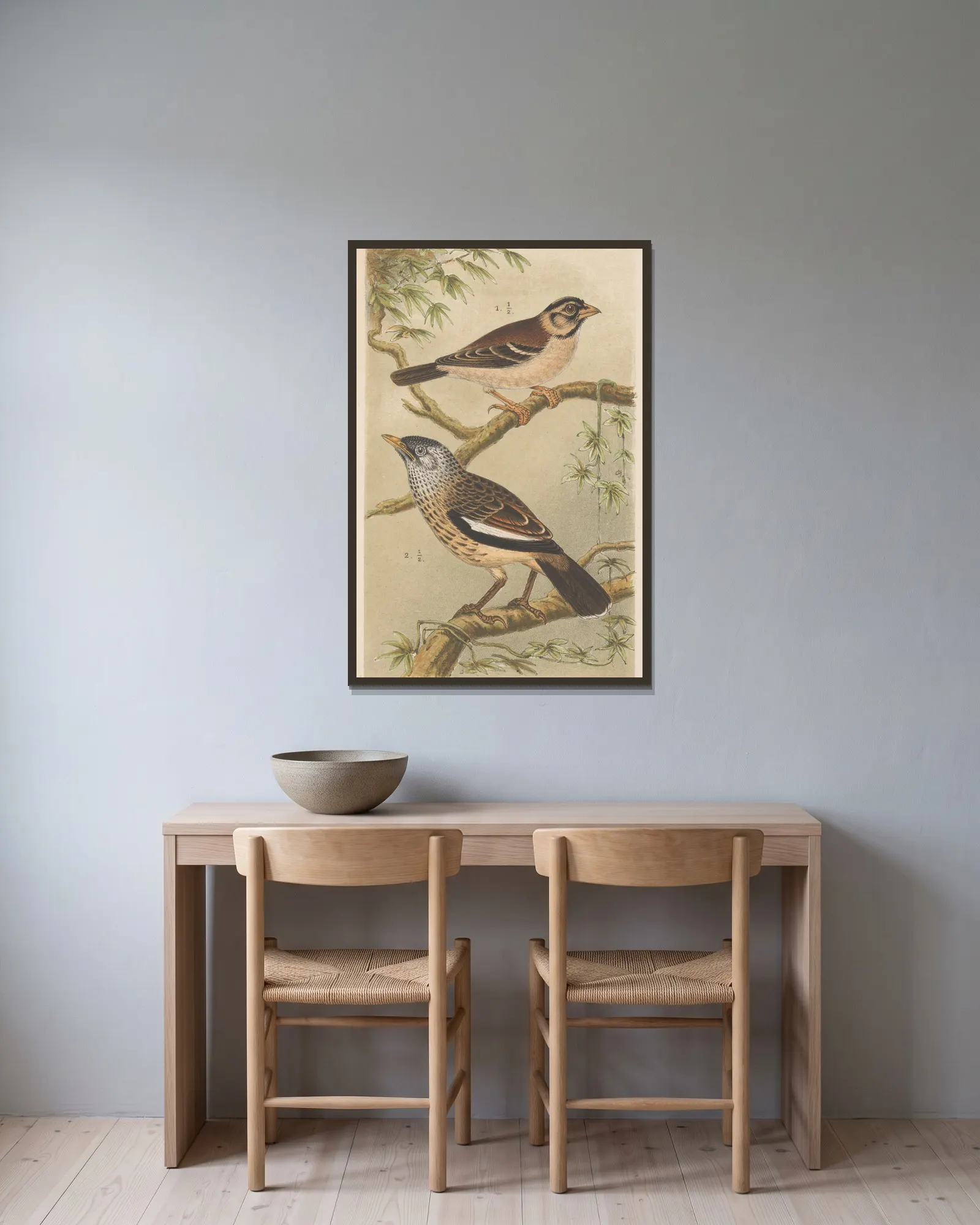 Two Birds On Branches av Theo van Hoytema inramad på en vägg