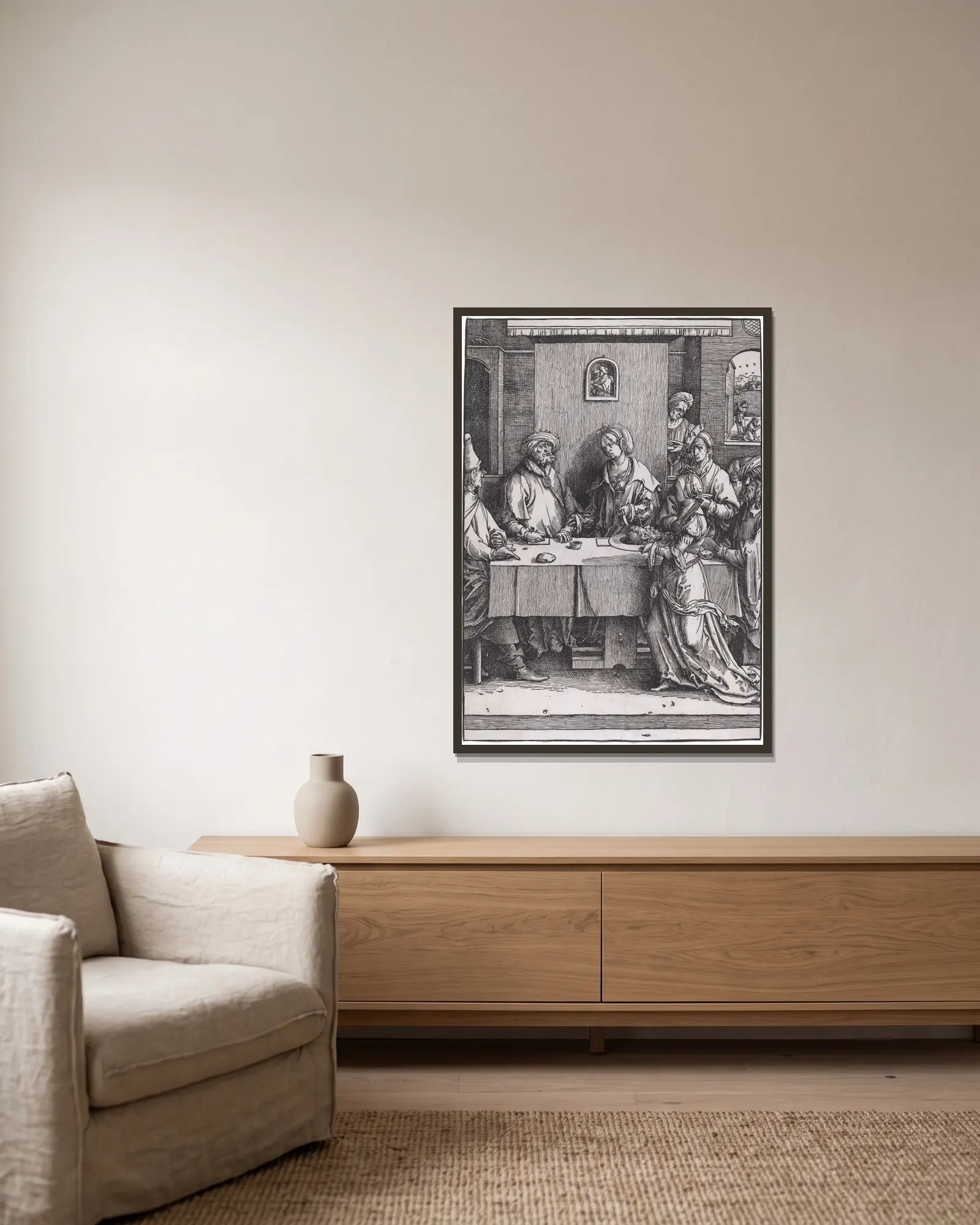 Herod and Herodias av Lucas Van Leyden inramad på en vägg