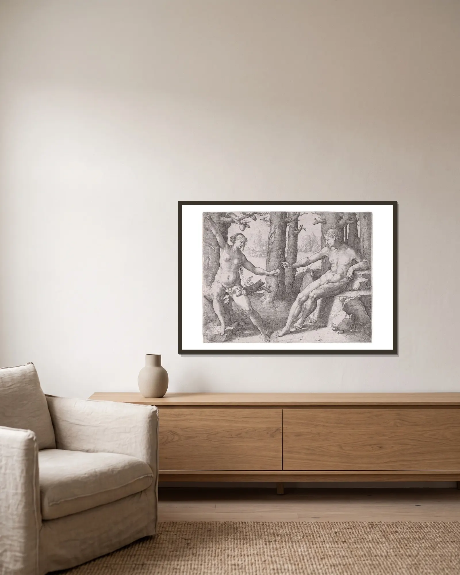 The Fall of Man av Lucas Van Leyden inramad på en vägg
