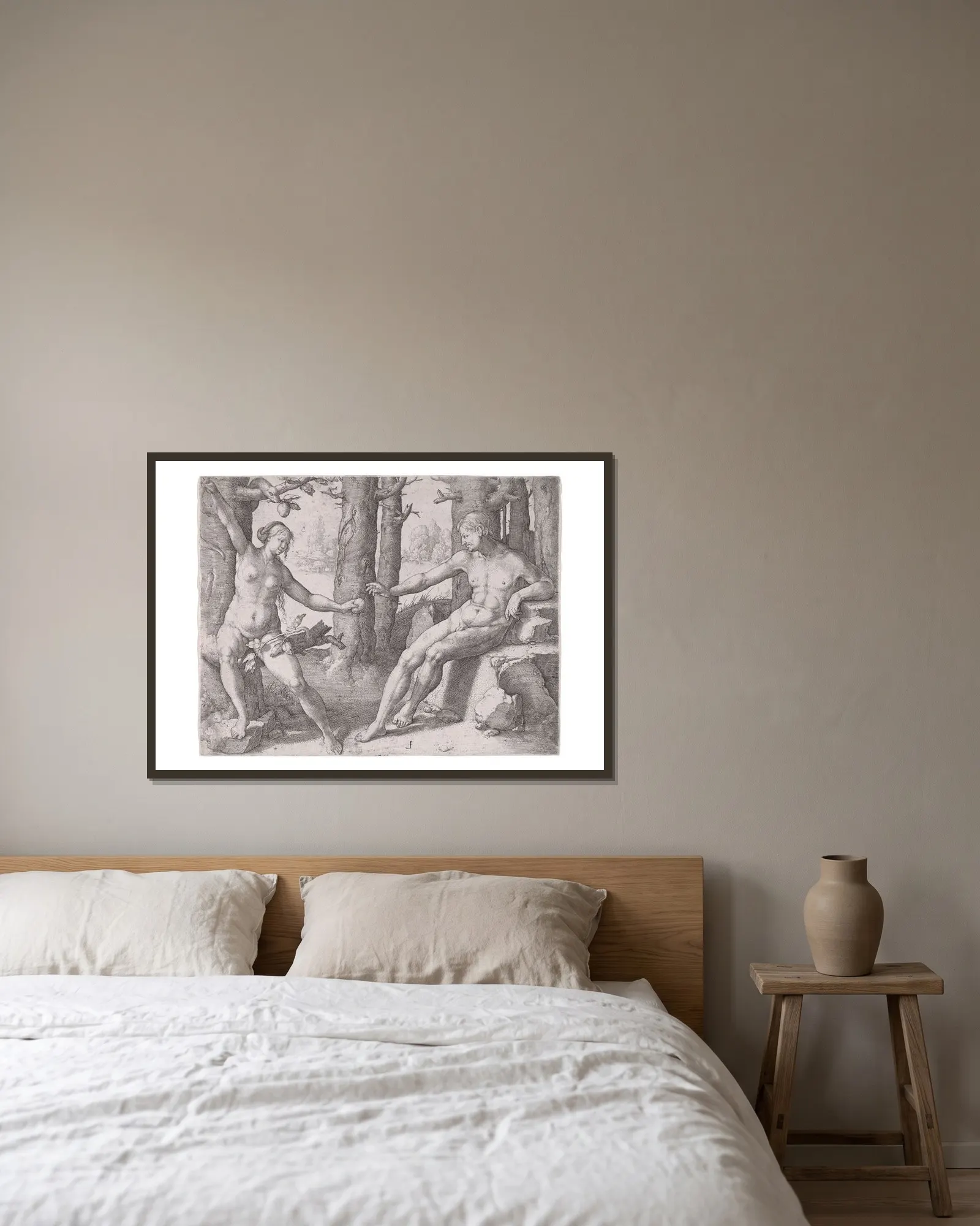 The Fall of Man av Lucas Van Leyden inramad på en vägg