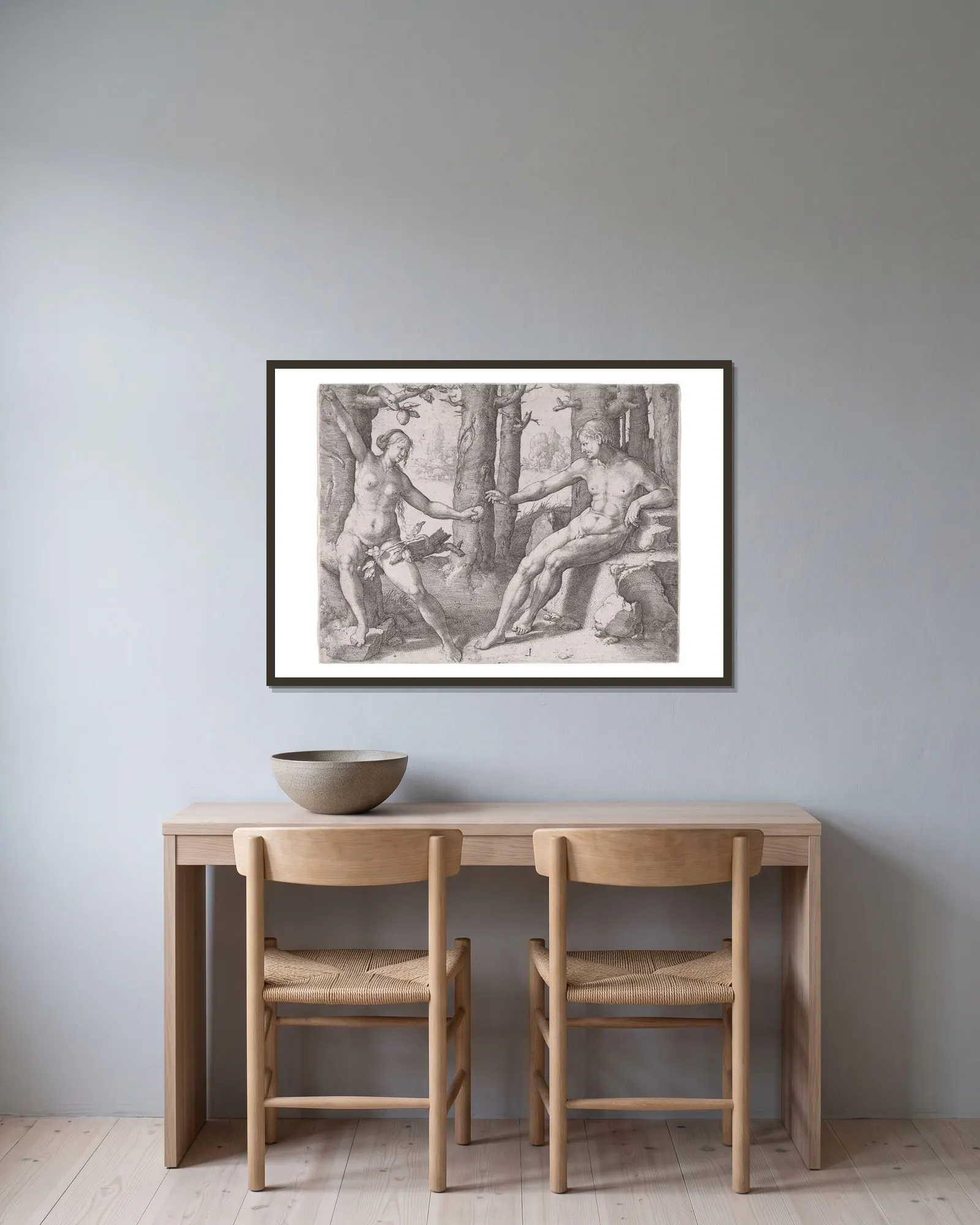 The Fall of Man av Lucas Van Leyden inramad på en vägg