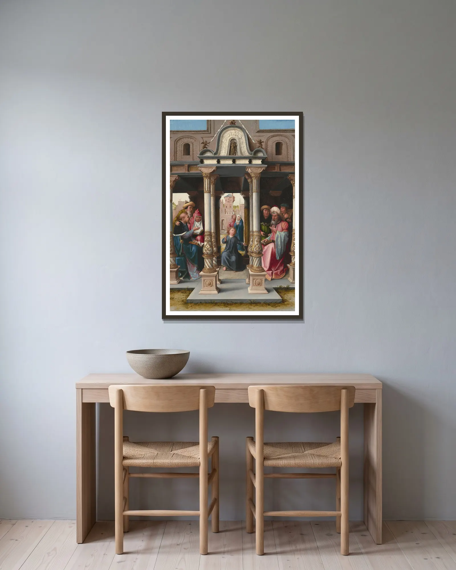 Christ among the Doctors (obverse) av Bernard van Orley inramad på en vägg
