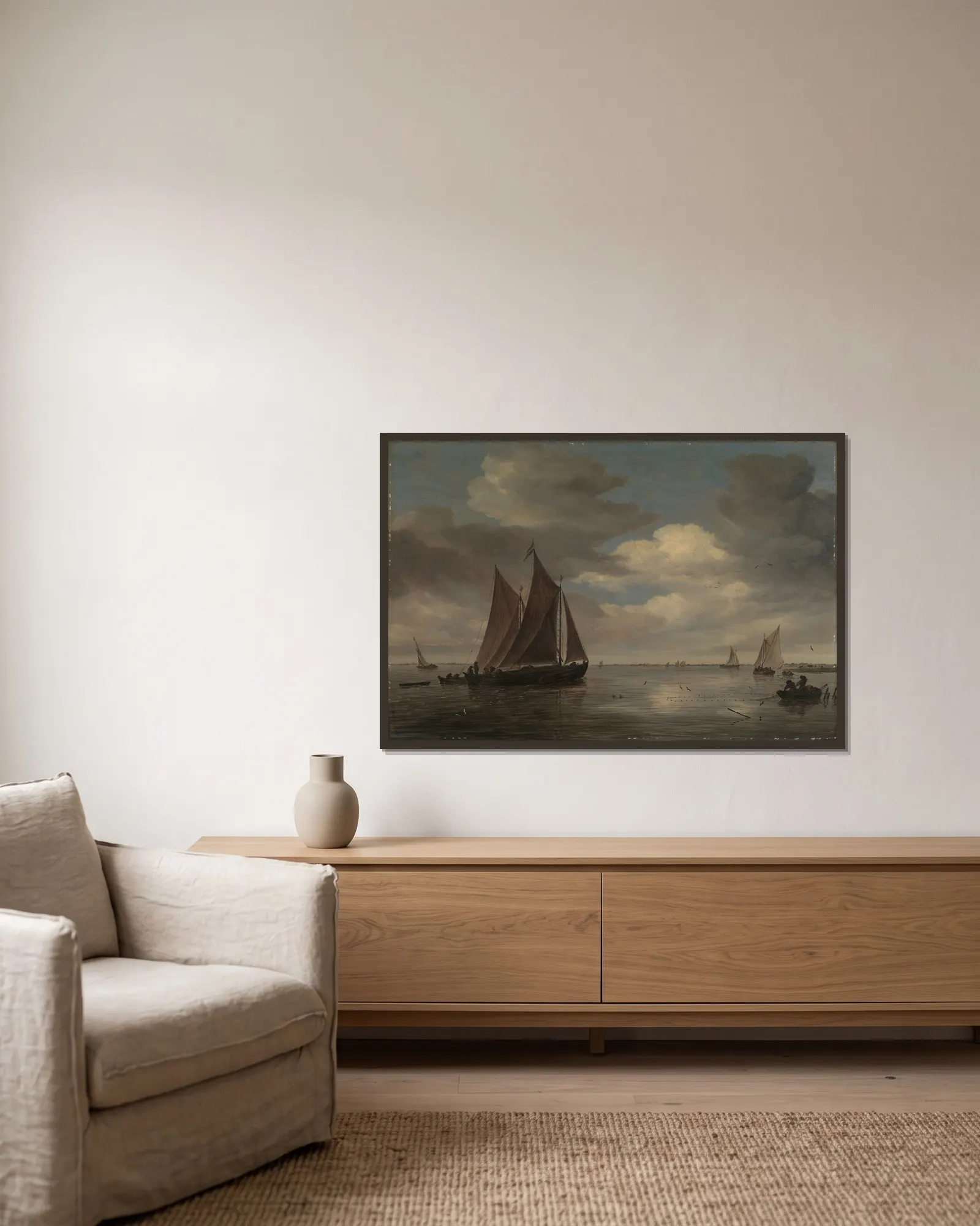 Fishing Boats on a River av Salomon van Ruysdael inramad på en vägg