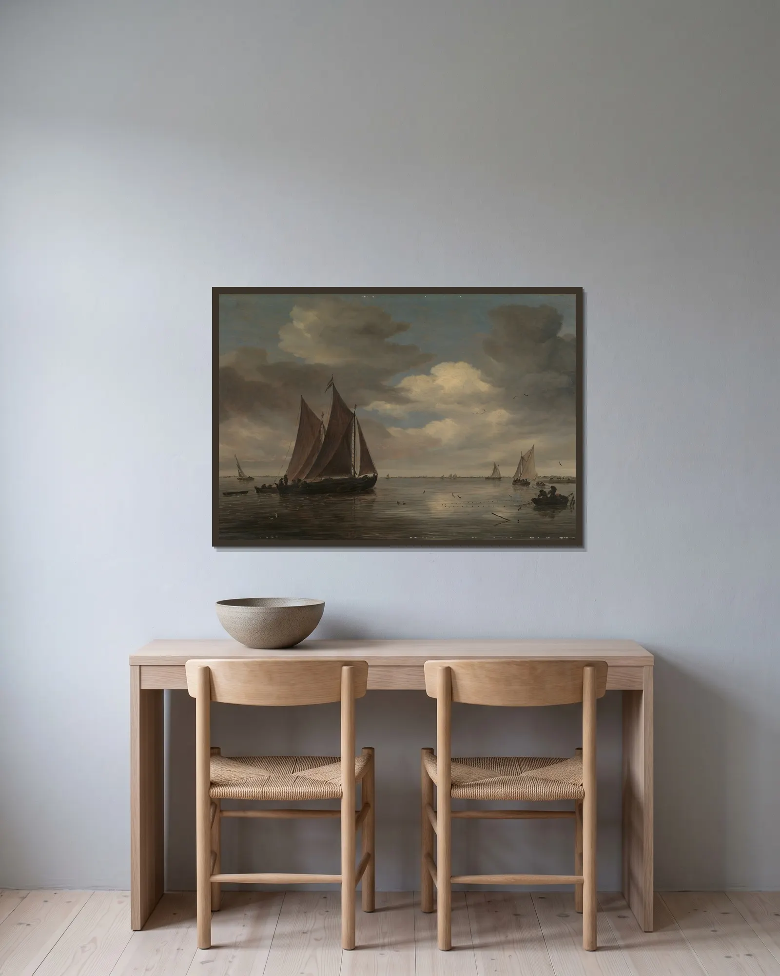 Fishing Boats on a River av Salomon van Ruysdael inramad på en vägg