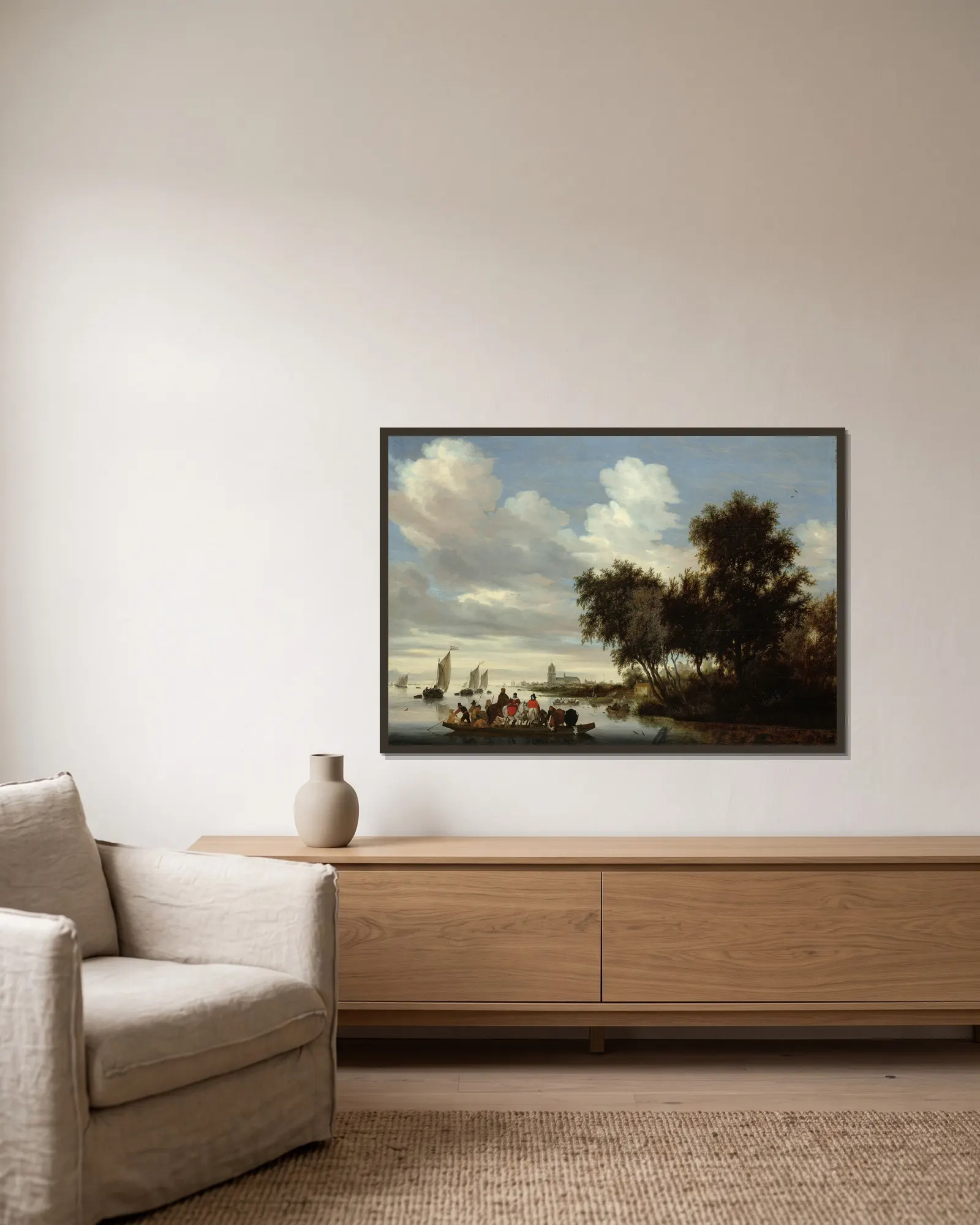 River Landscape with Ferry av Salomon van Ruysdael inramad på en vägg