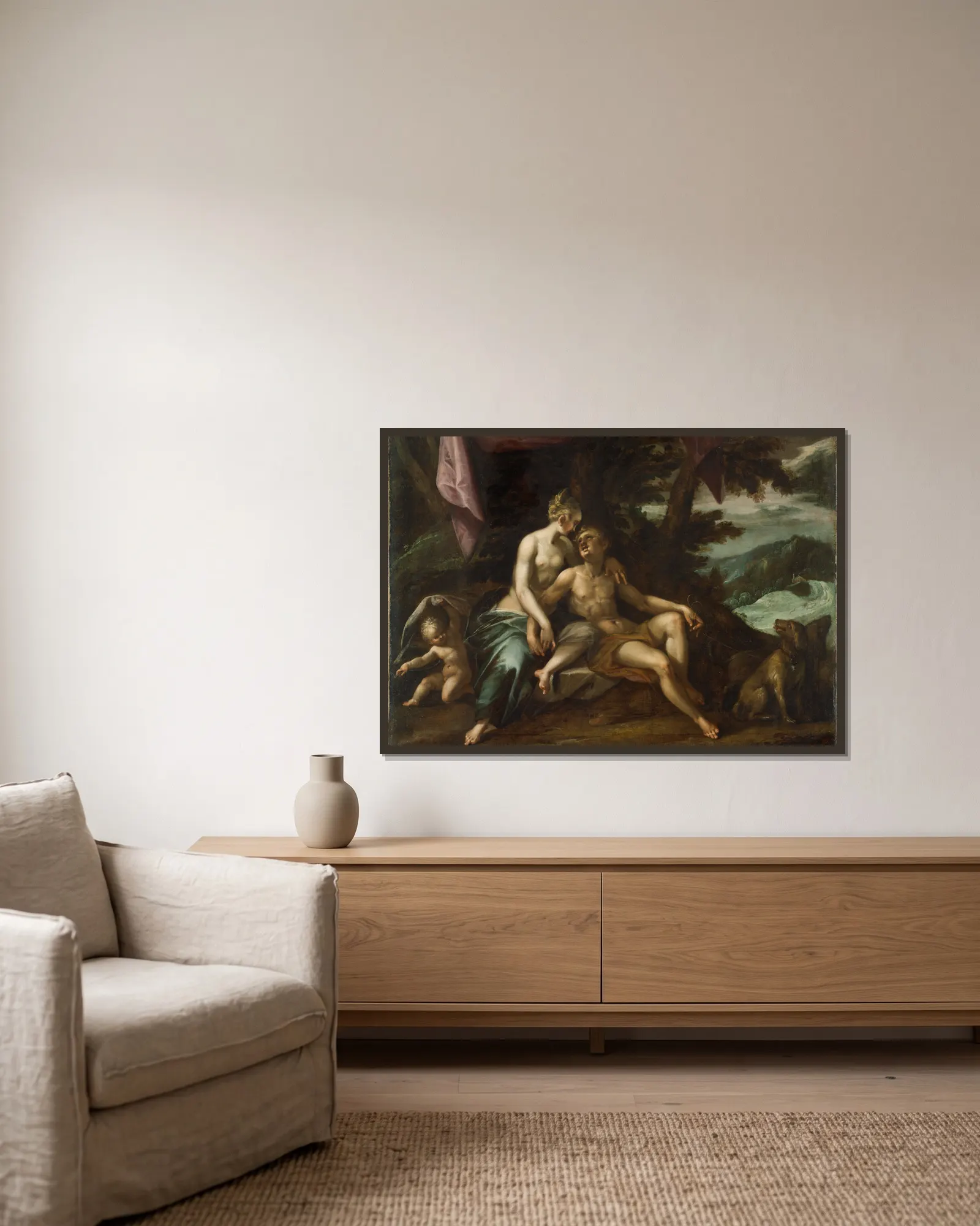 Venus and Adonis av Hans von Aachen inramad på en vägg