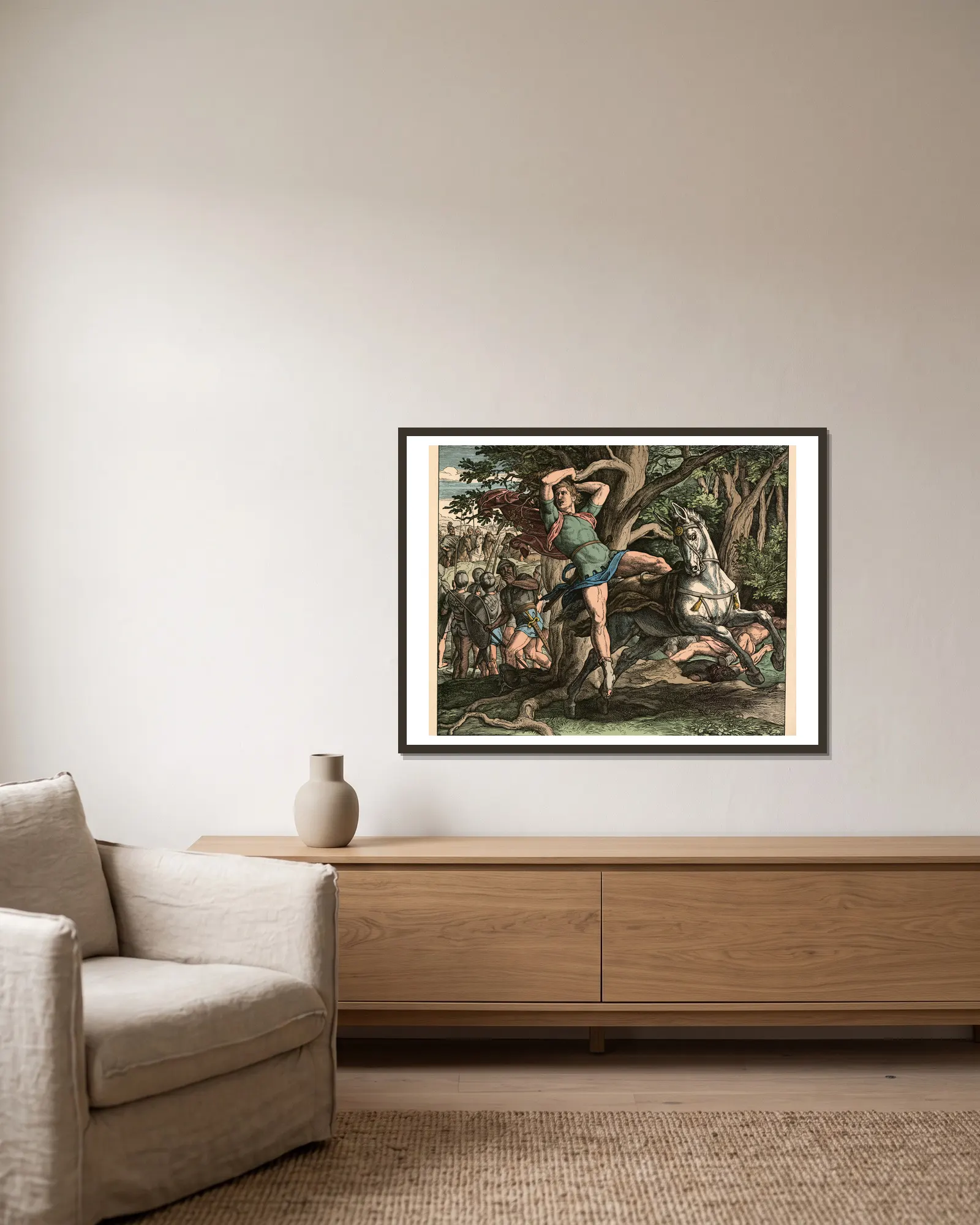 Absaloms Ende (The death of Absalom) av Julius Schnorr von Carolsfeld inramad på en vägg