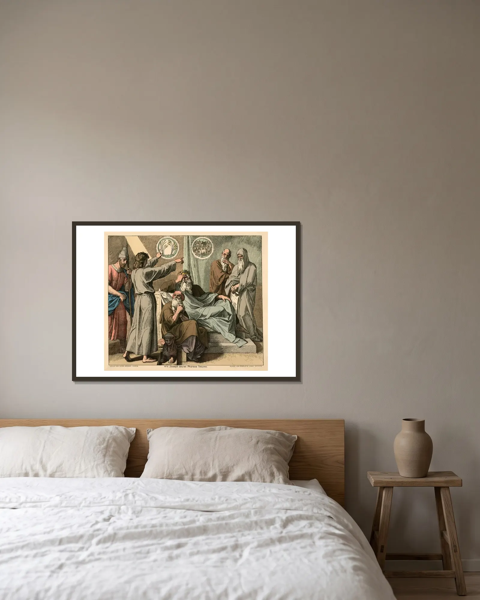 Joseph deutet Pharaos Traume (Joseph interpreting Pharaoh’s dream) av Julius Schnorr von Carolsfeld inramad på en vägg