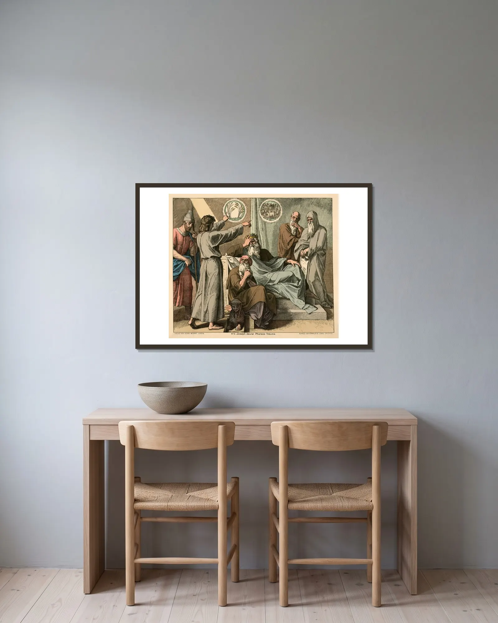 Joseph deutet Pharaos Traume (Joseph interpreting Pharaoh’s dream) av Julius Schnorr von Carolsfeld inramad på en vägg