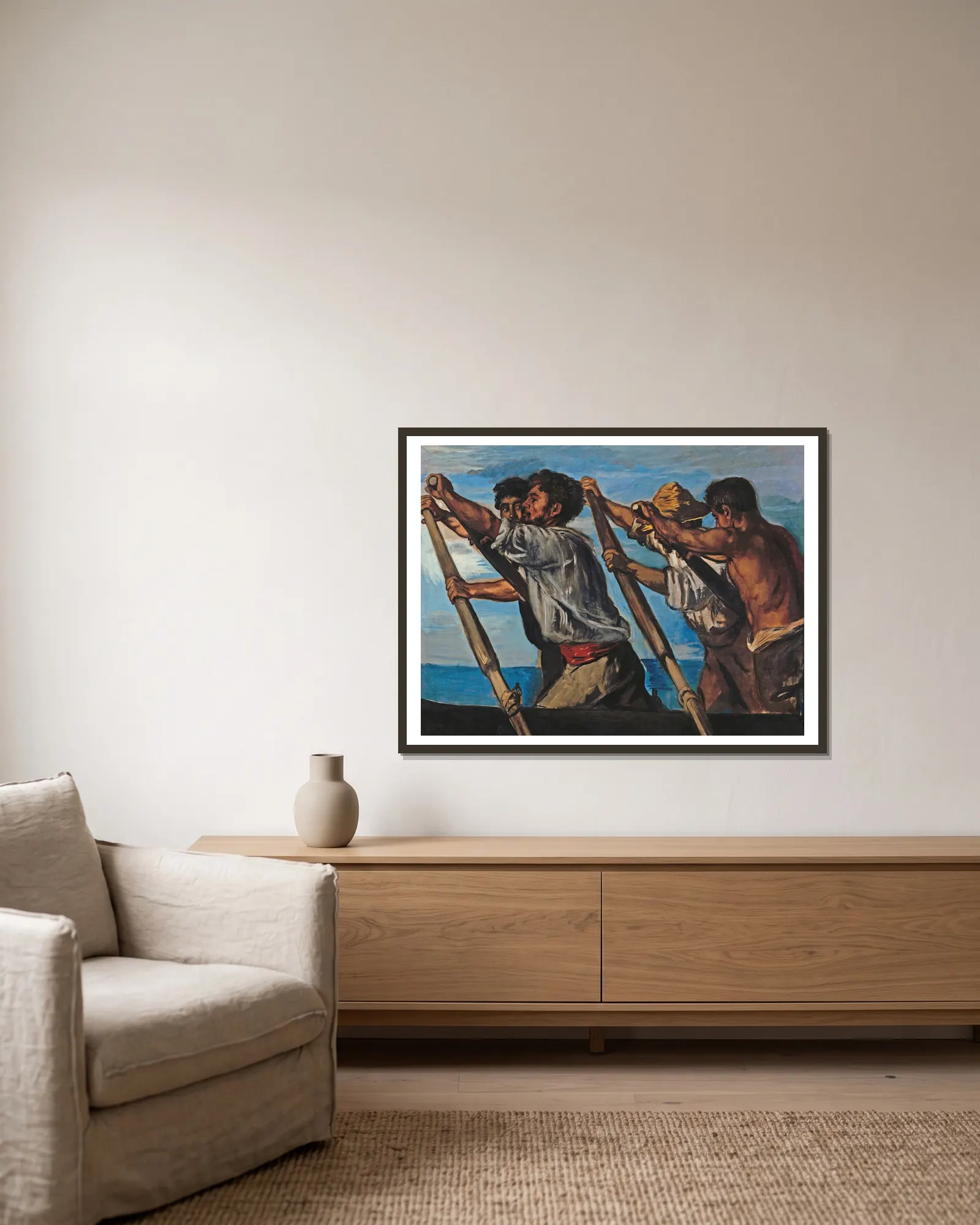 The Rowers av Hans Von Marées inramad på en vägg