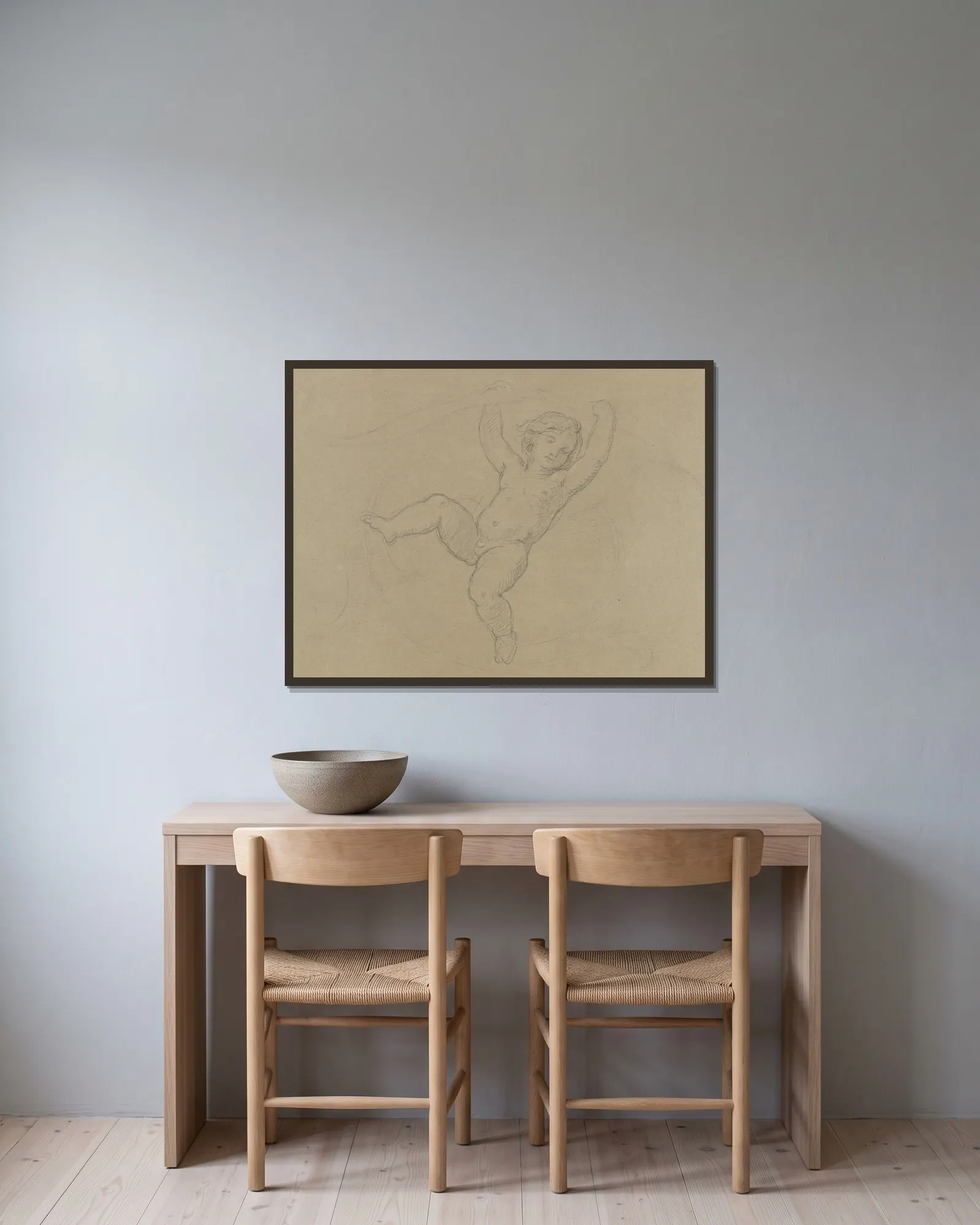 Putto between vines. av Moritz von Schwind inramad på en vägg