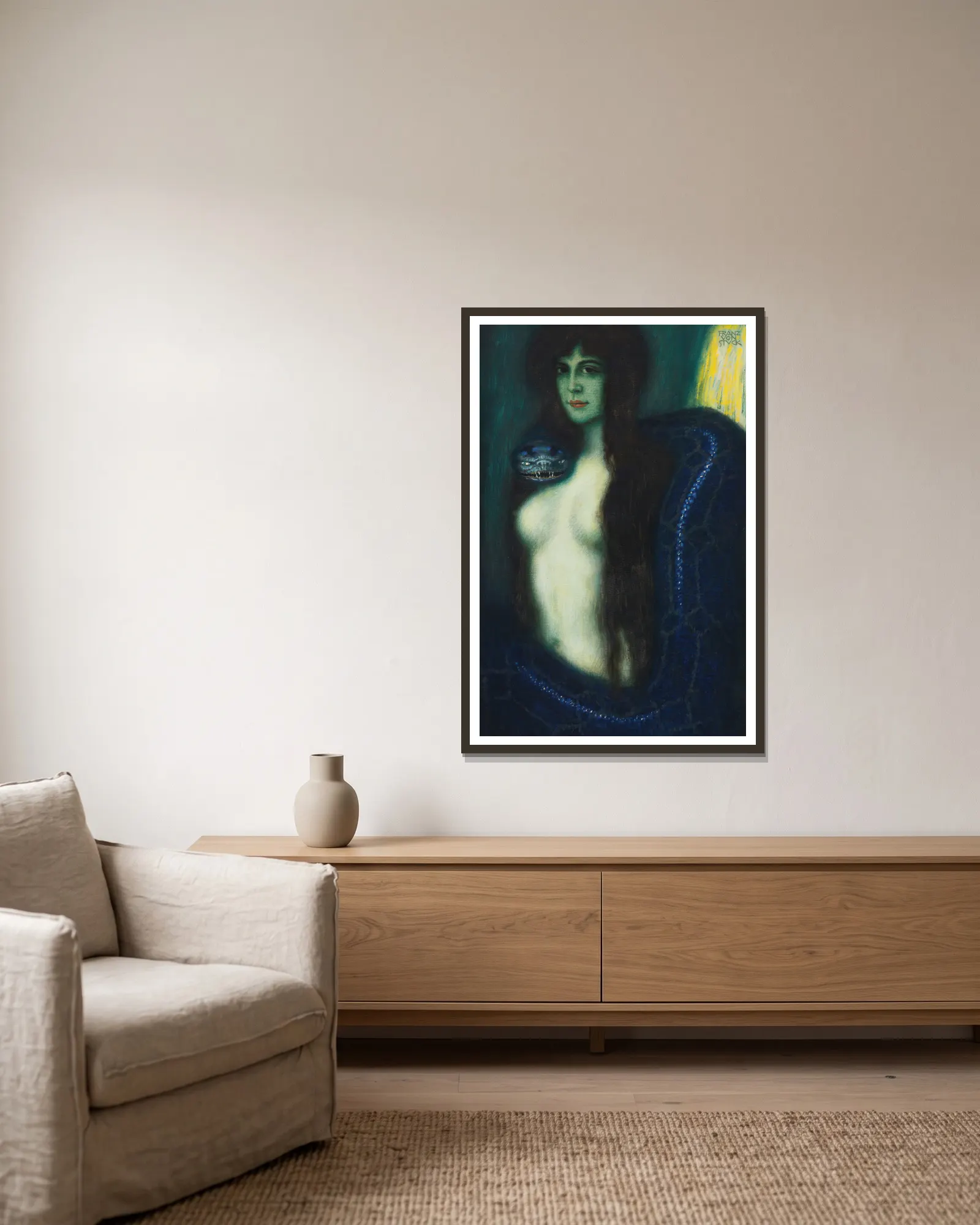 Die Sünde (The Sin) av Franz von Stuck inramad på en vägg