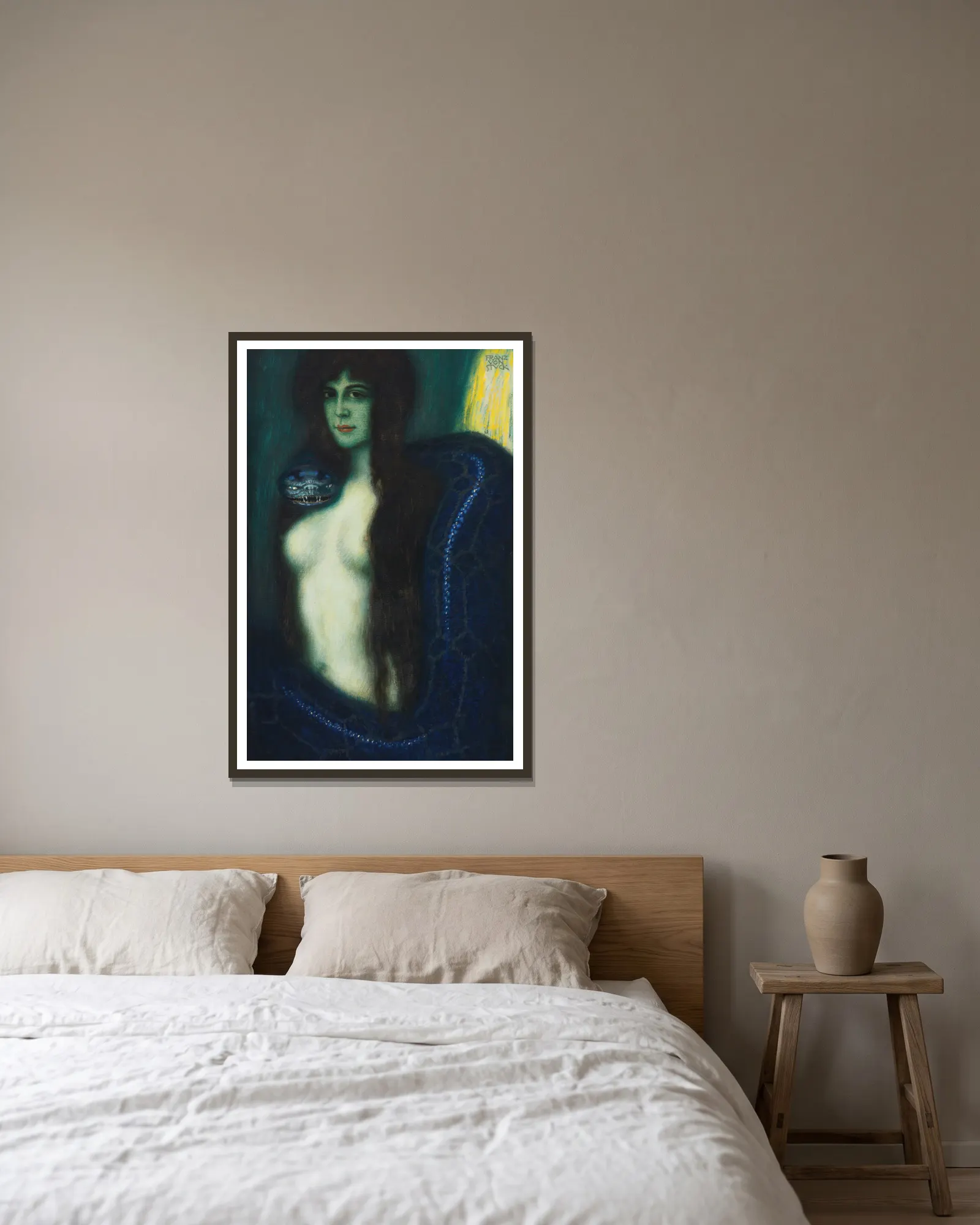 Die Sünde (The Sin) av Franz von Stuck inramad på en vägg