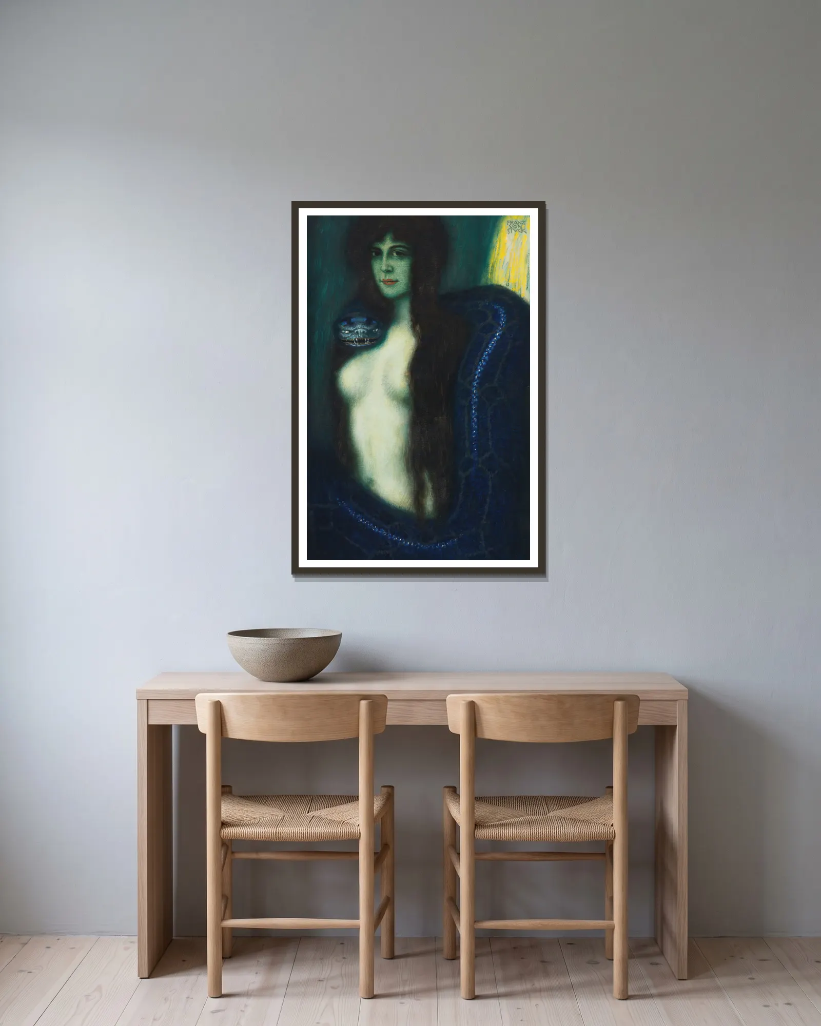 Die Sünde (The Sin) av Franz von Stuck inramad på en vägg