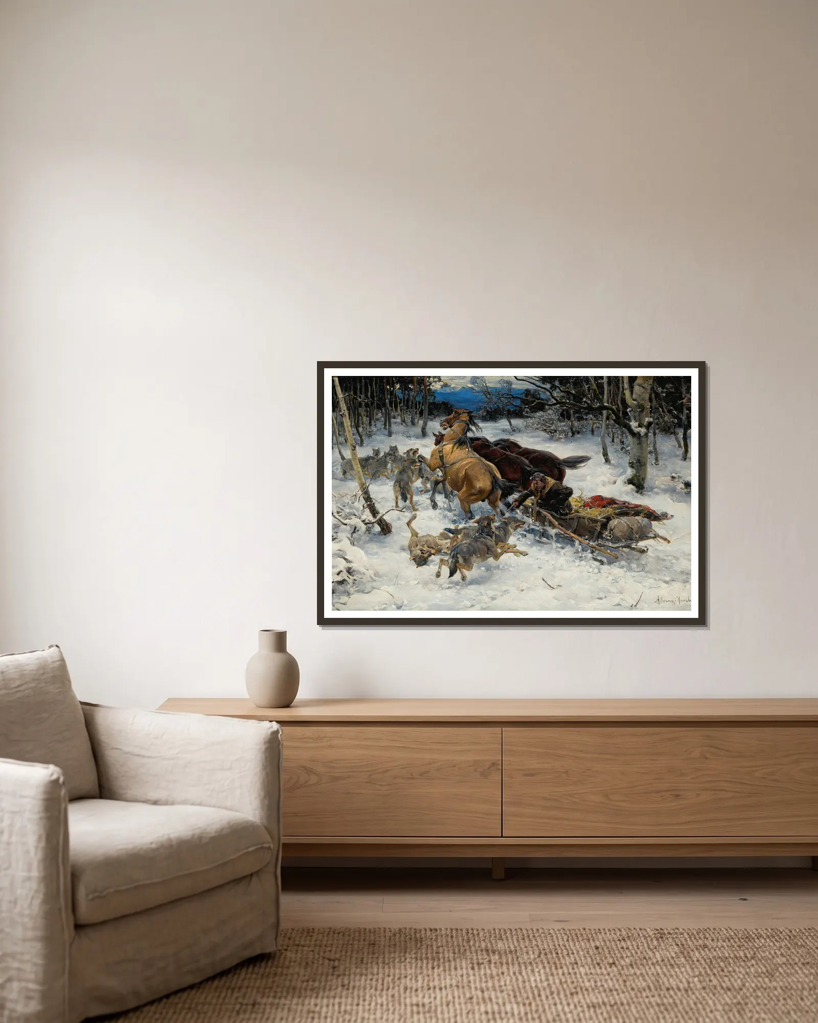A Sledge Under Attack By Wolves av Alfred von Wierusz-Kowalski inramad på en vägg