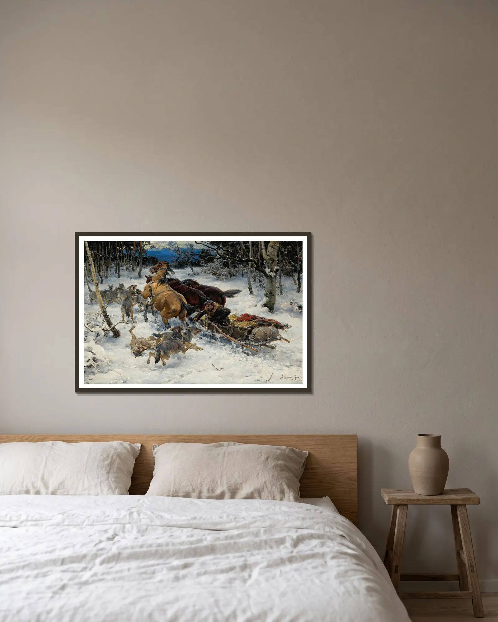 A Sledge Under Attack By Wolves av Alfred von Wierusz-Kowalski inramad på en vägg