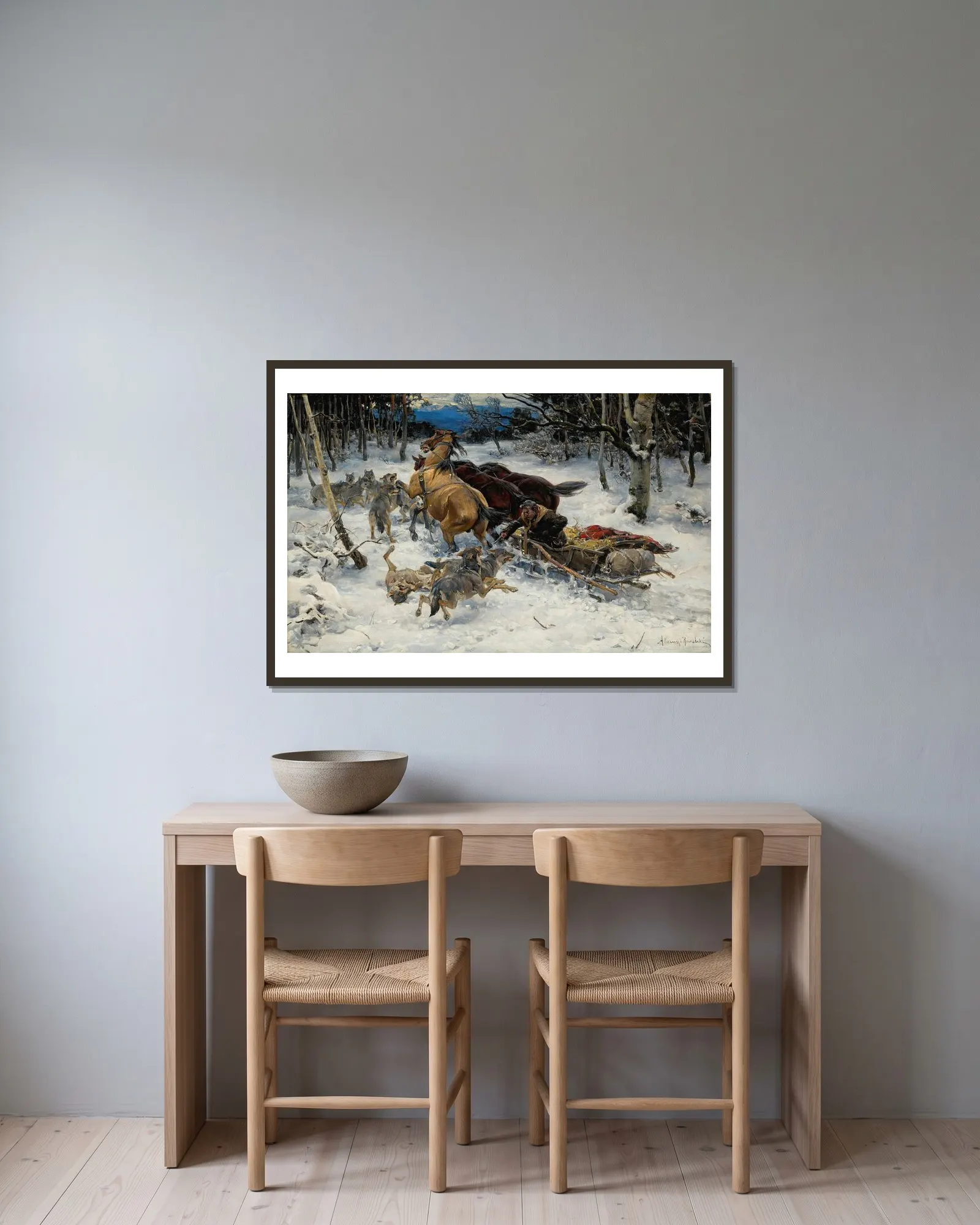 A Sledge Under Attack By Wolves av Alfred von Wierusz-Kowalski inramad på en vägg