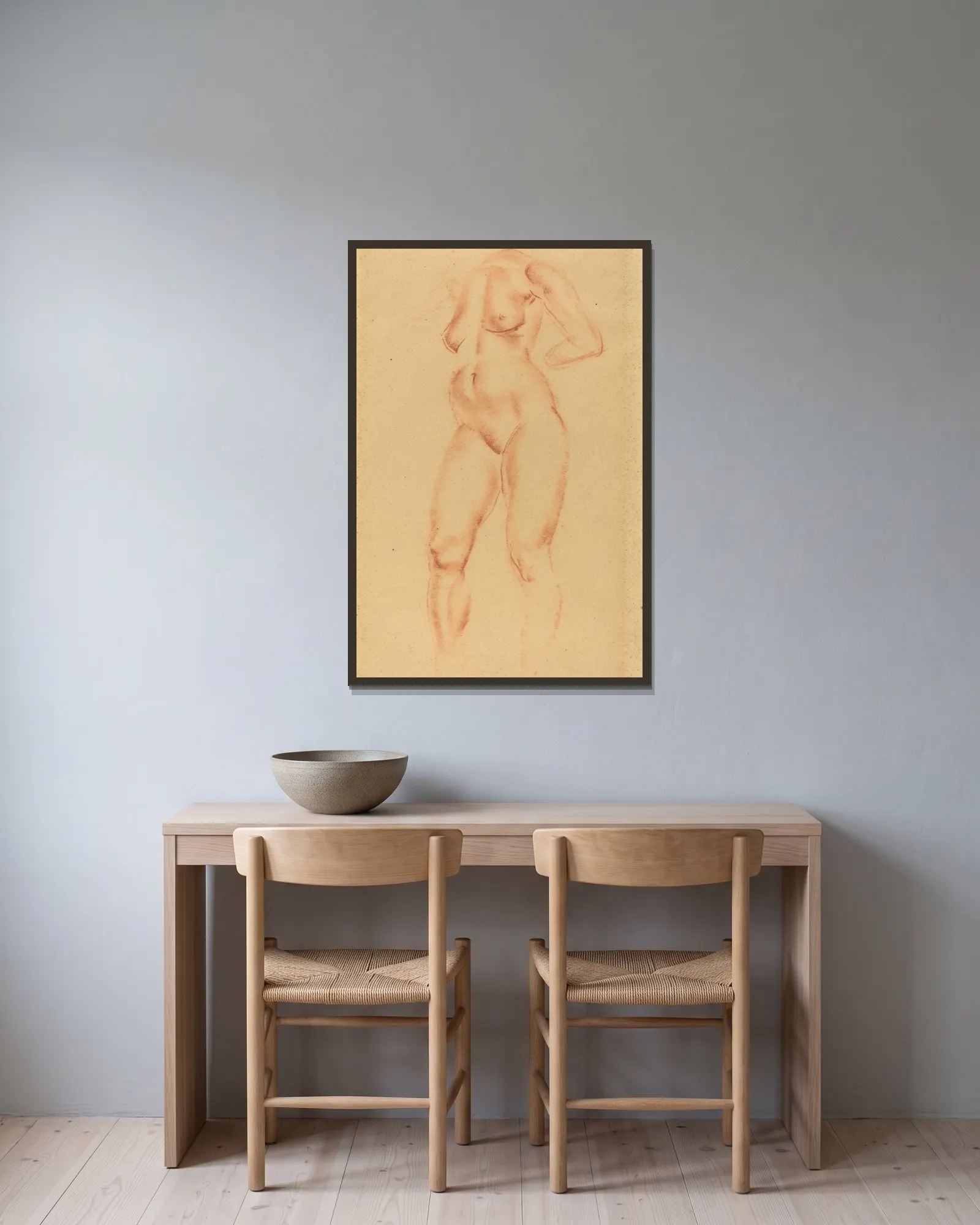 Nude av Wilhelm Lehmbruck inramad på en vägg