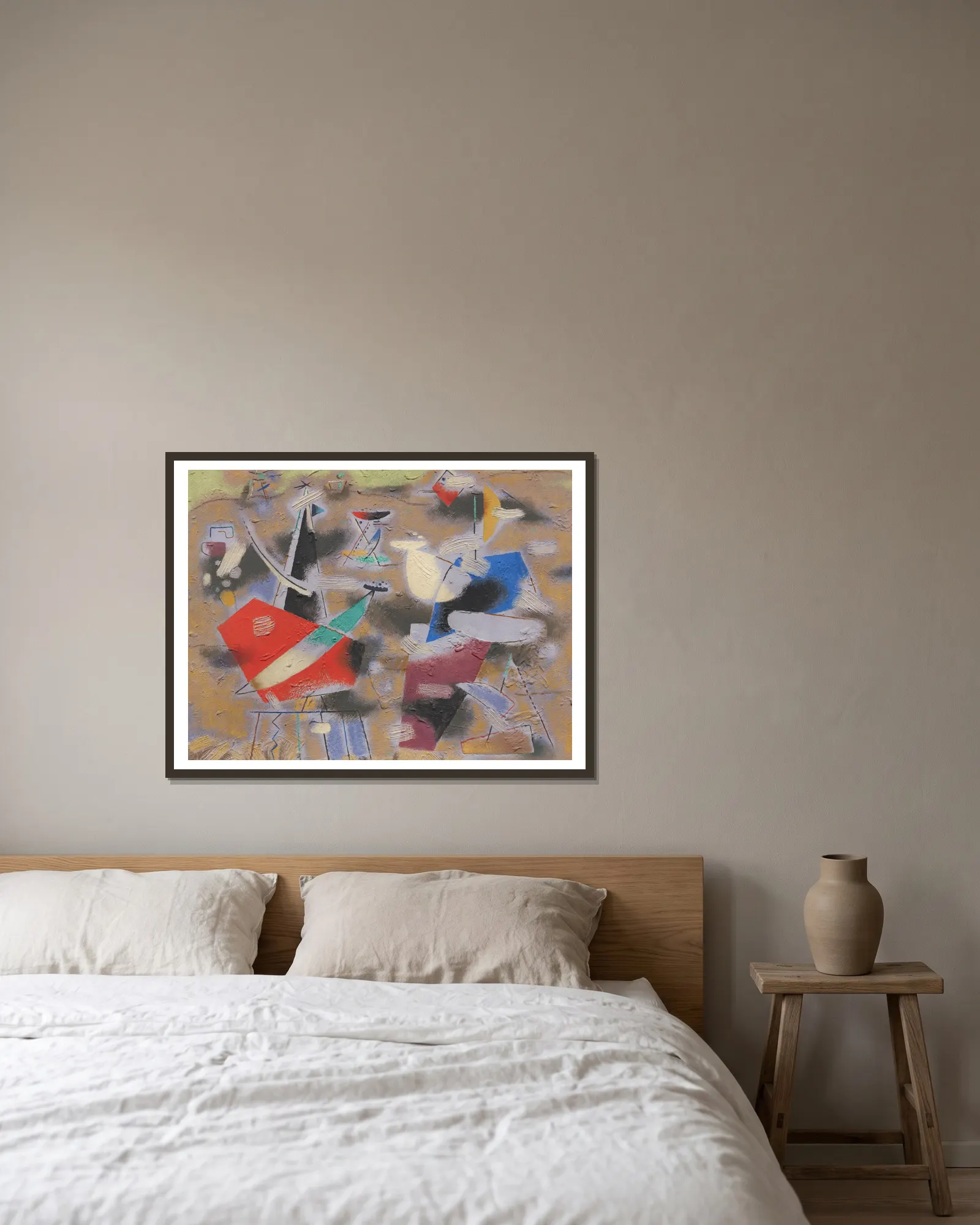 Ländliche Komposition (Violettes Bild) av Willi Baumeister inramad på en vägg