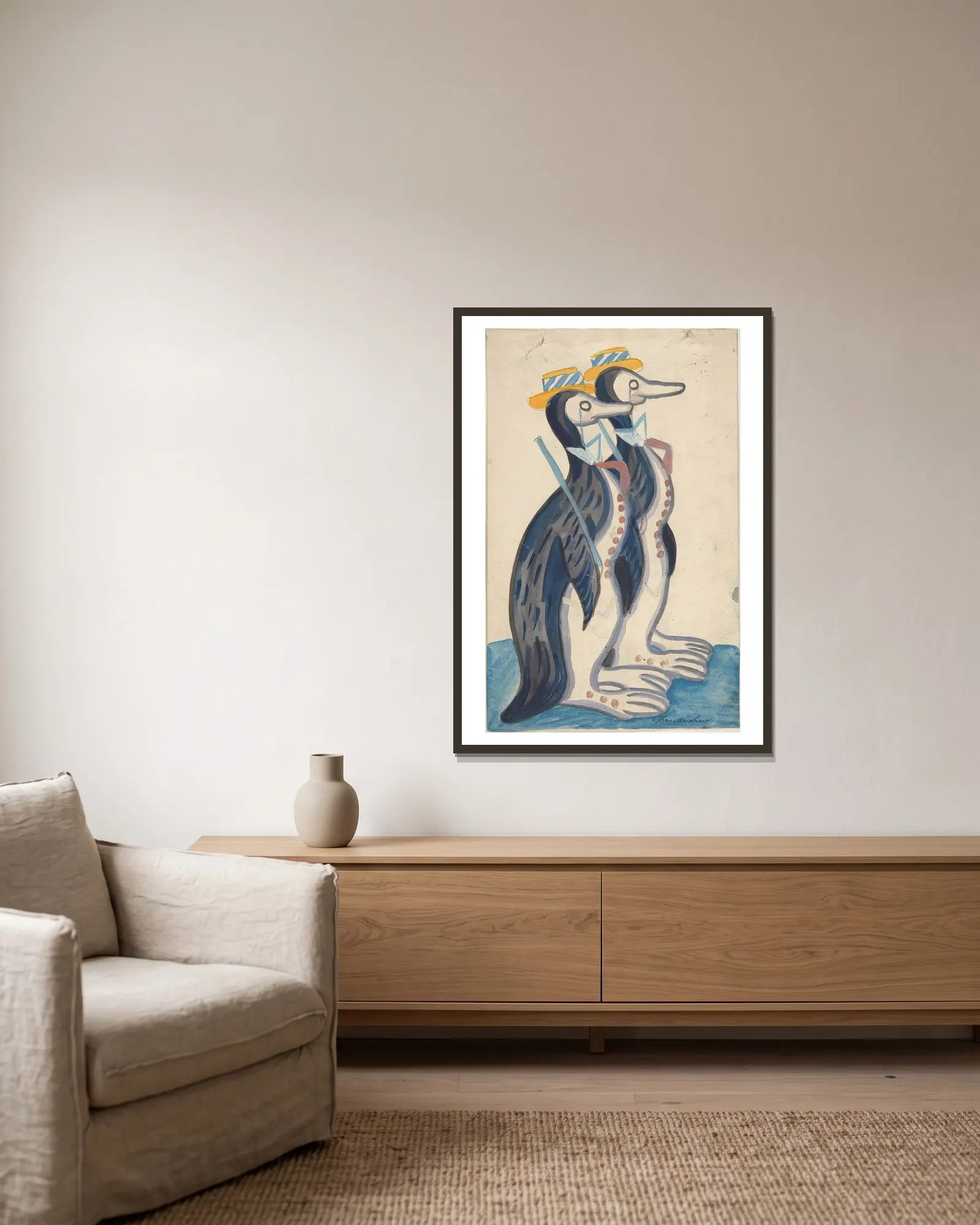 Two penguins av Sergey Yurievich Sudeikin inramad på en vägg